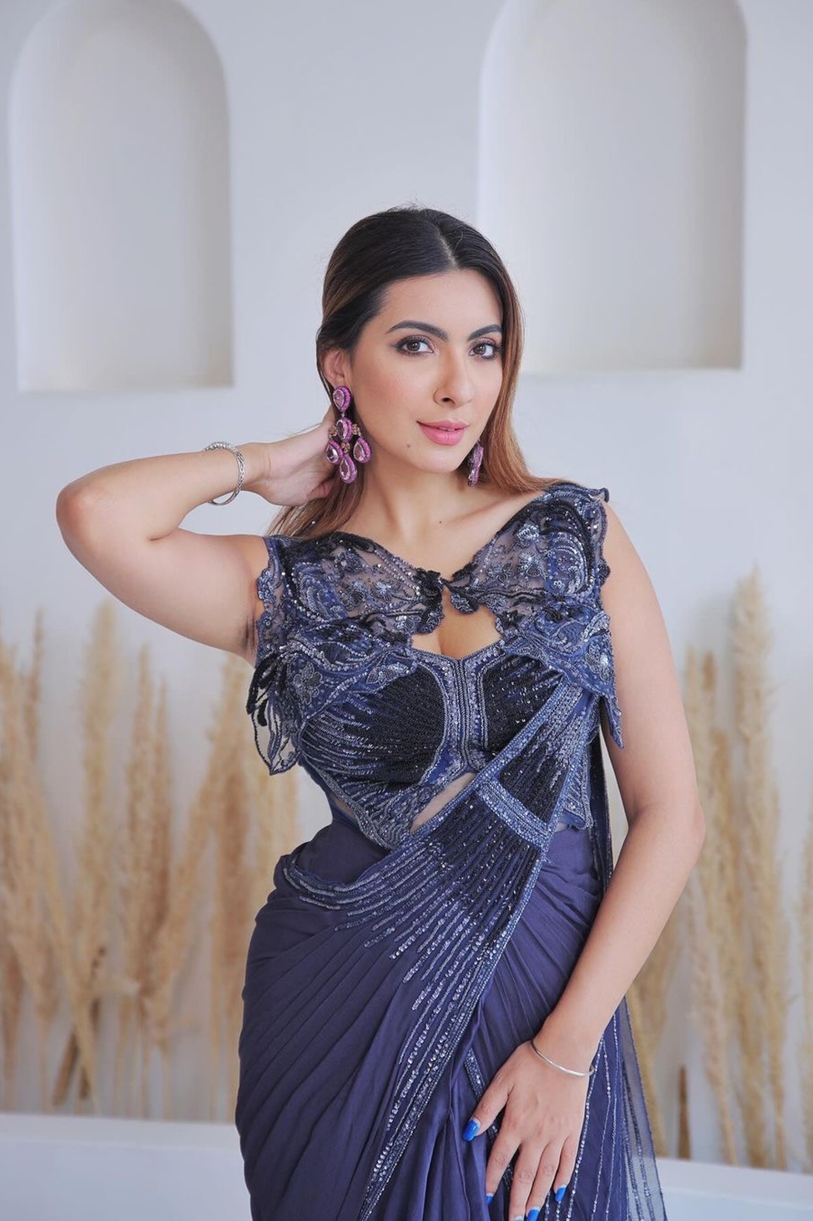 Niki Mehra in Midnight Blue Cape Saree
