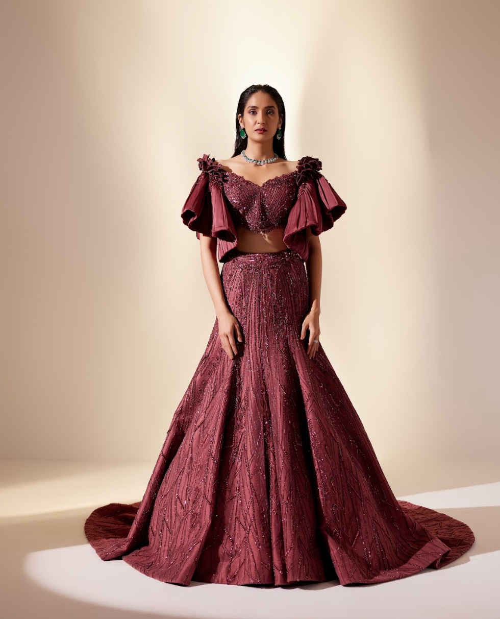 Wine Full Bloom Lehenga