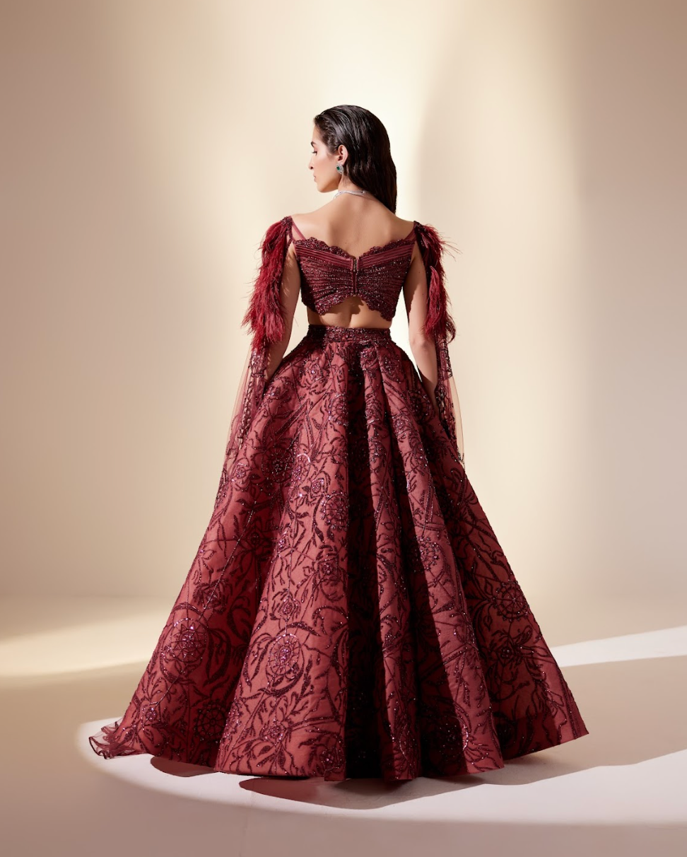 Wine Dewdrop Lehenga