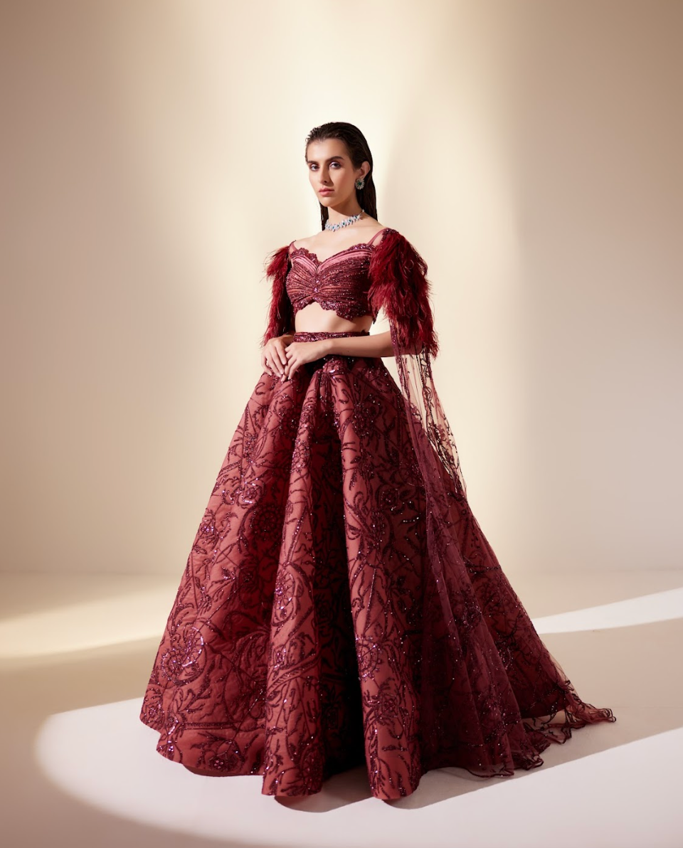 Wine Dewdrop Lehenga