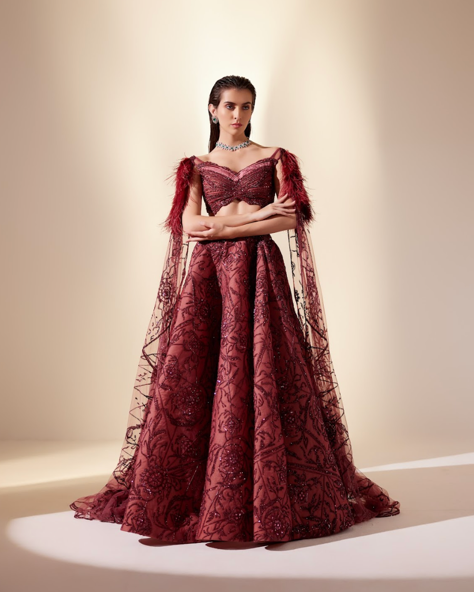 Wine Dewdrop Lehenga