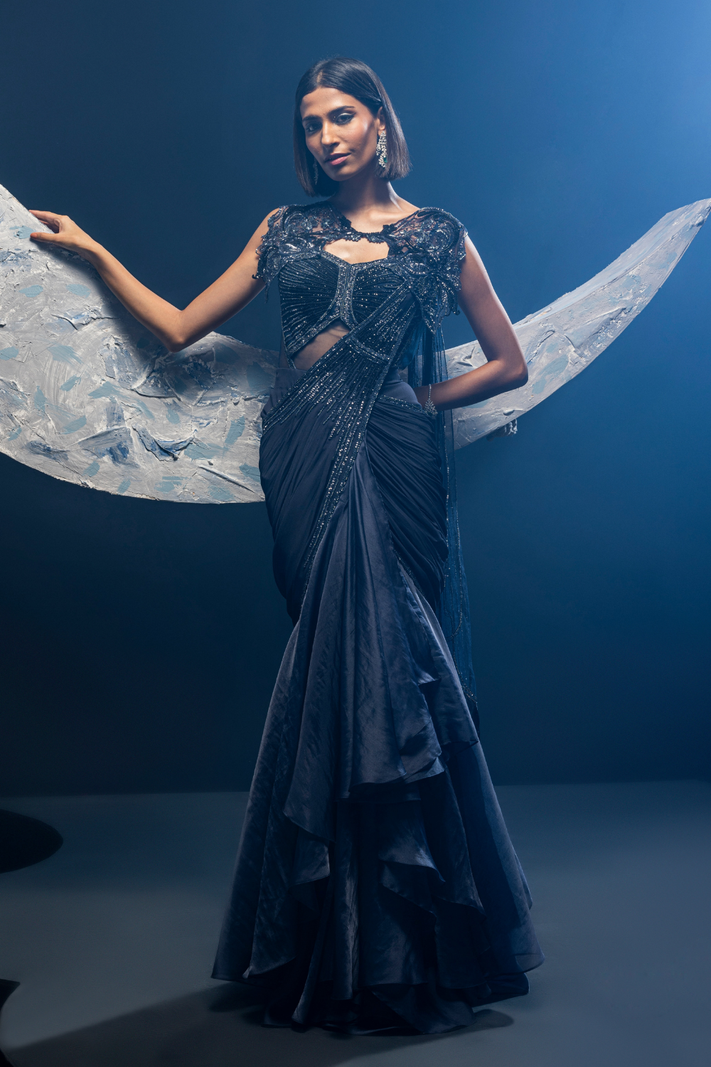 Niki Mehra in Midnight Blue Cape Saree