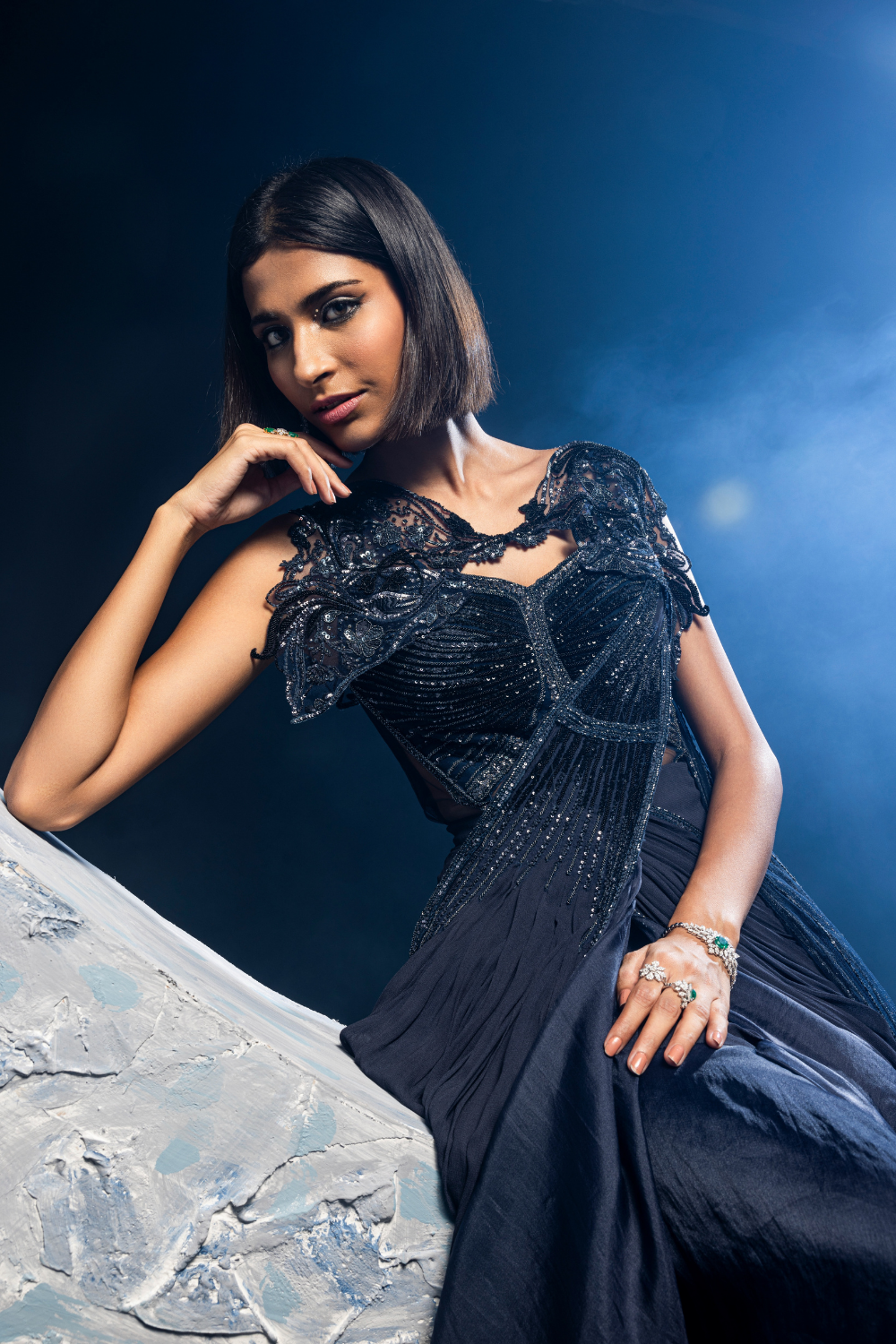 Niki Mehra in Midnight Blue Cape Saree
