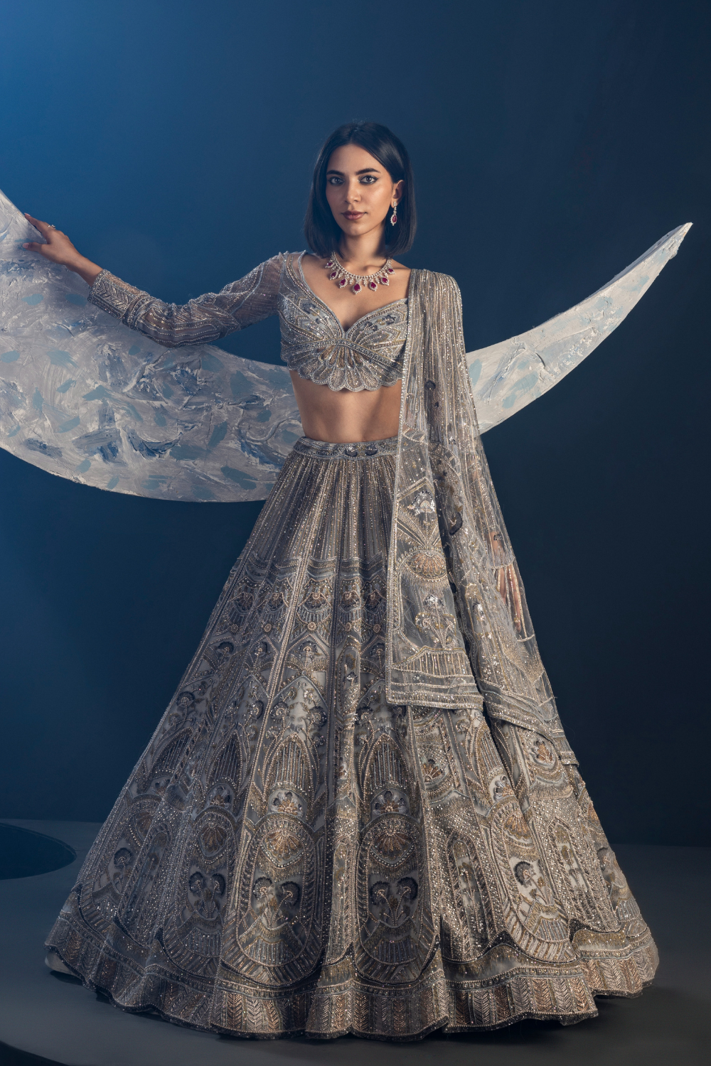Meher Taluja in Metallic Blush Floral Lehenga