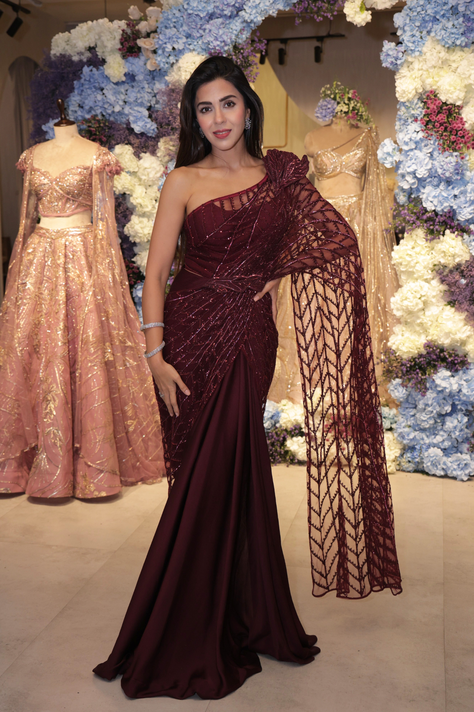 Bahaar Dhawan in Wine Crystal Drape Saree