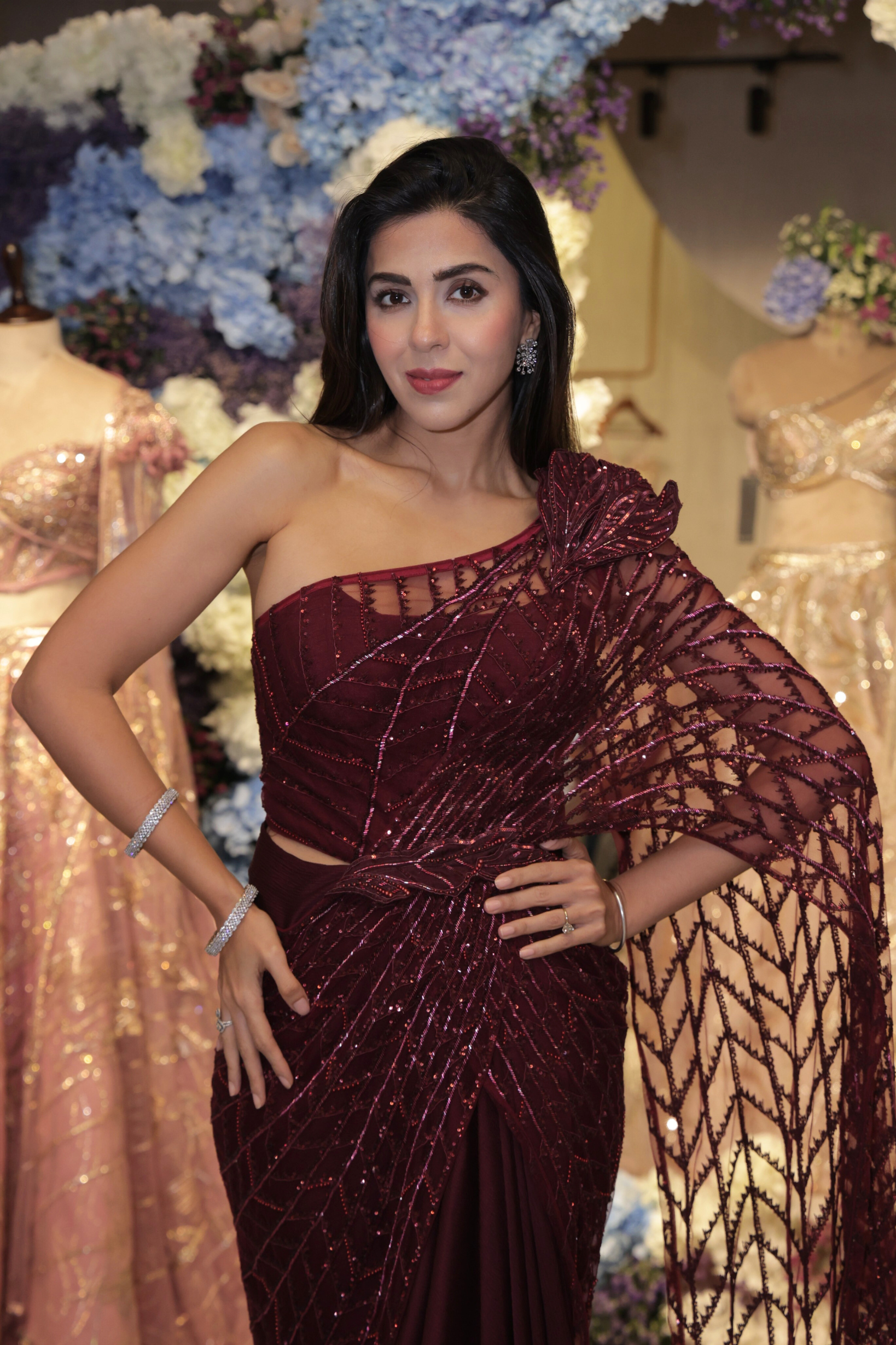 Bahaar Dhawan in Wine Crystal Drape Saree