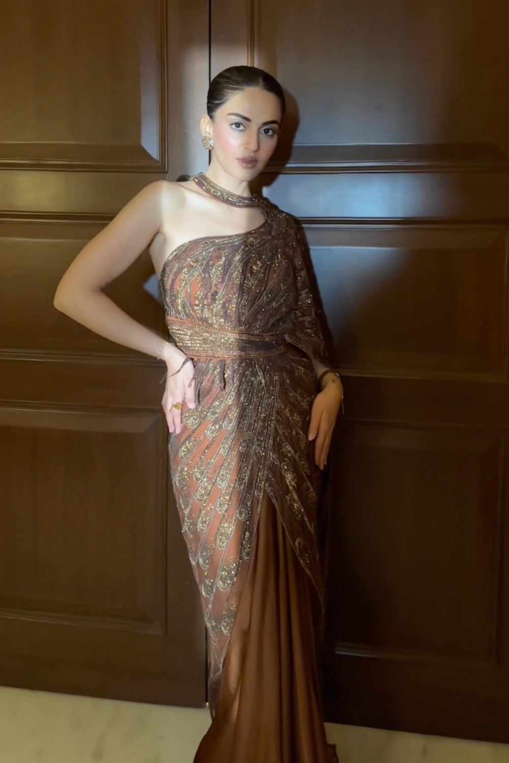 Mehak Bakshi in Brown Cascade Saree
