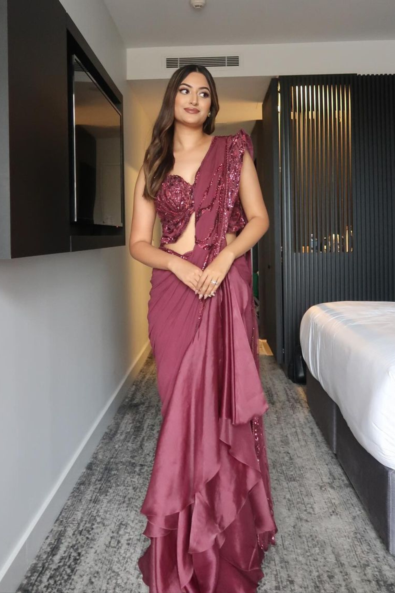 Natasha Shah in Boysenberry Drape Saree