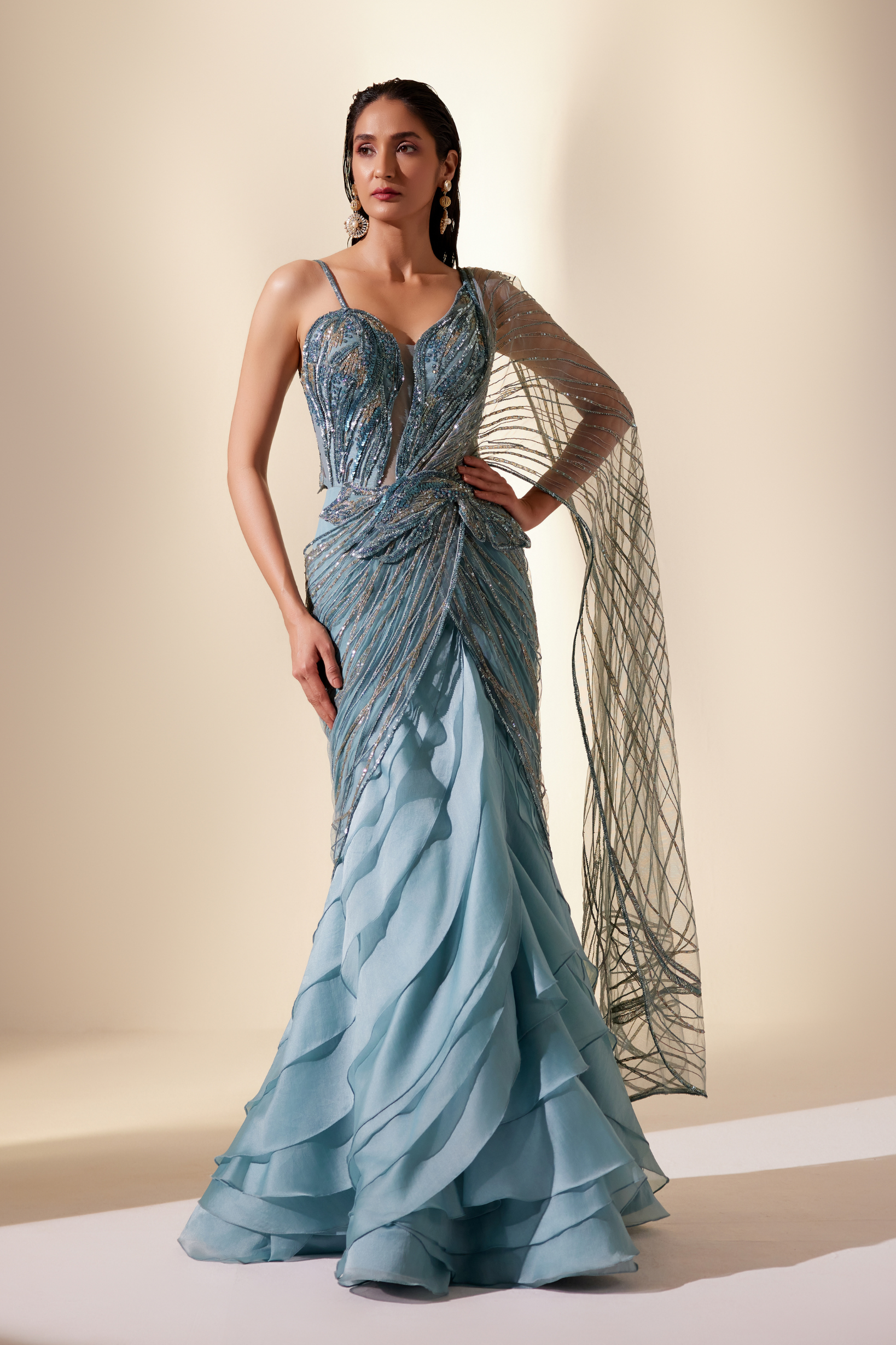 Twilight teal stream saree