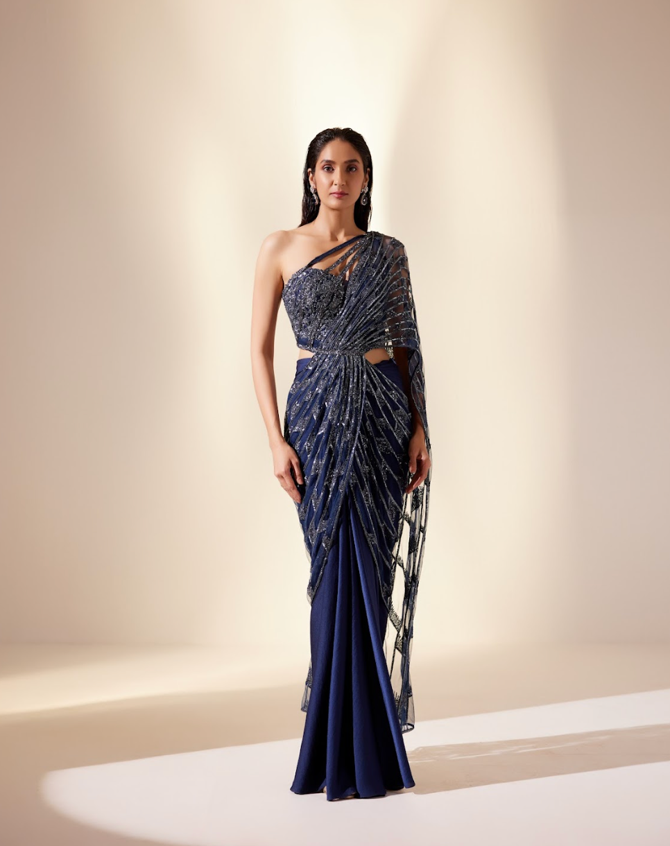 Midnight Blue Draped Drizzle Saree