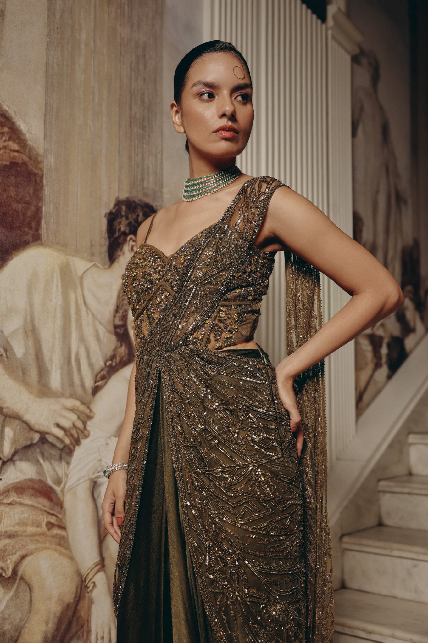 Enchanted Olive Drape saree