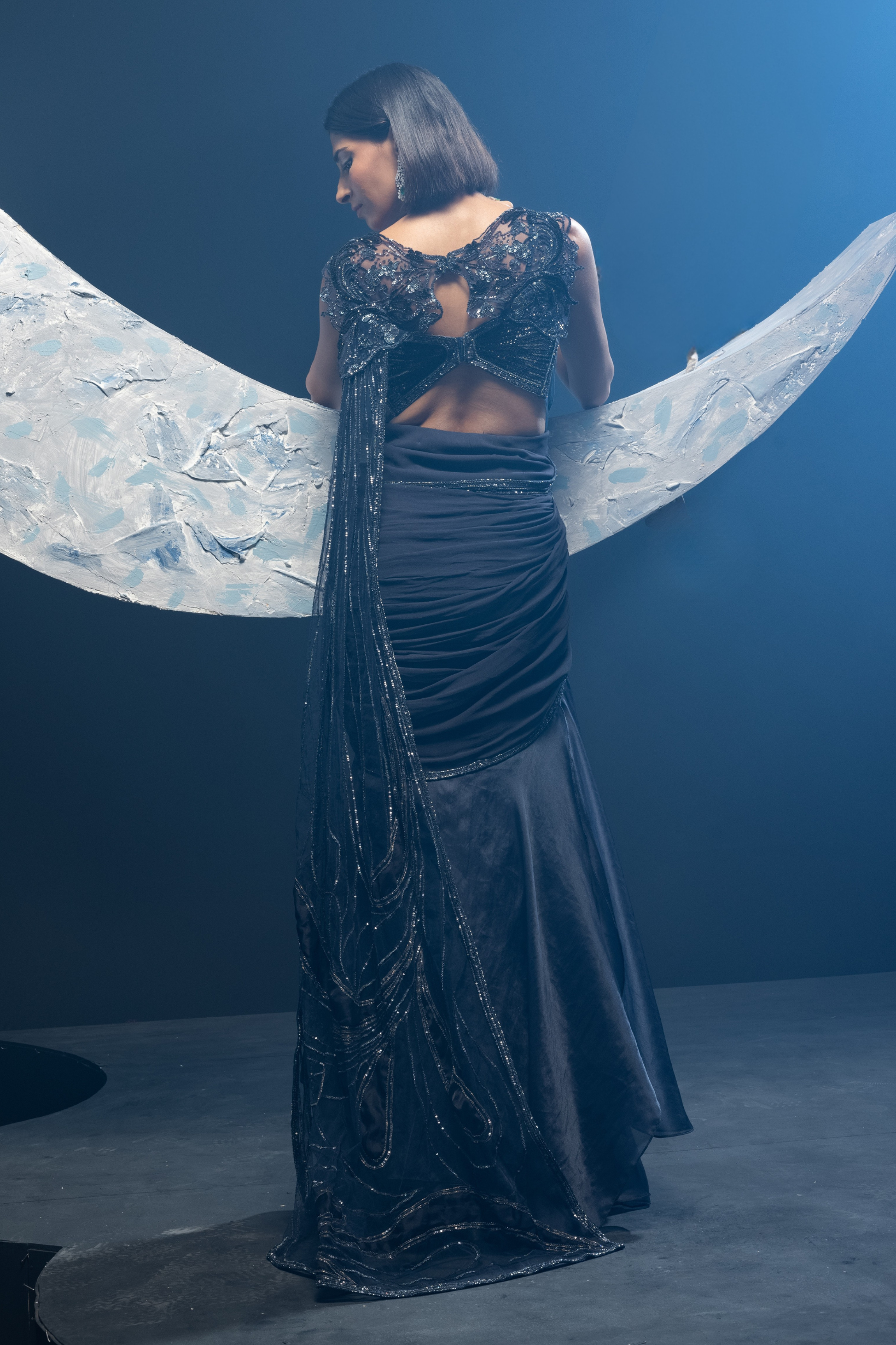 Midnight Blue Cape Saree