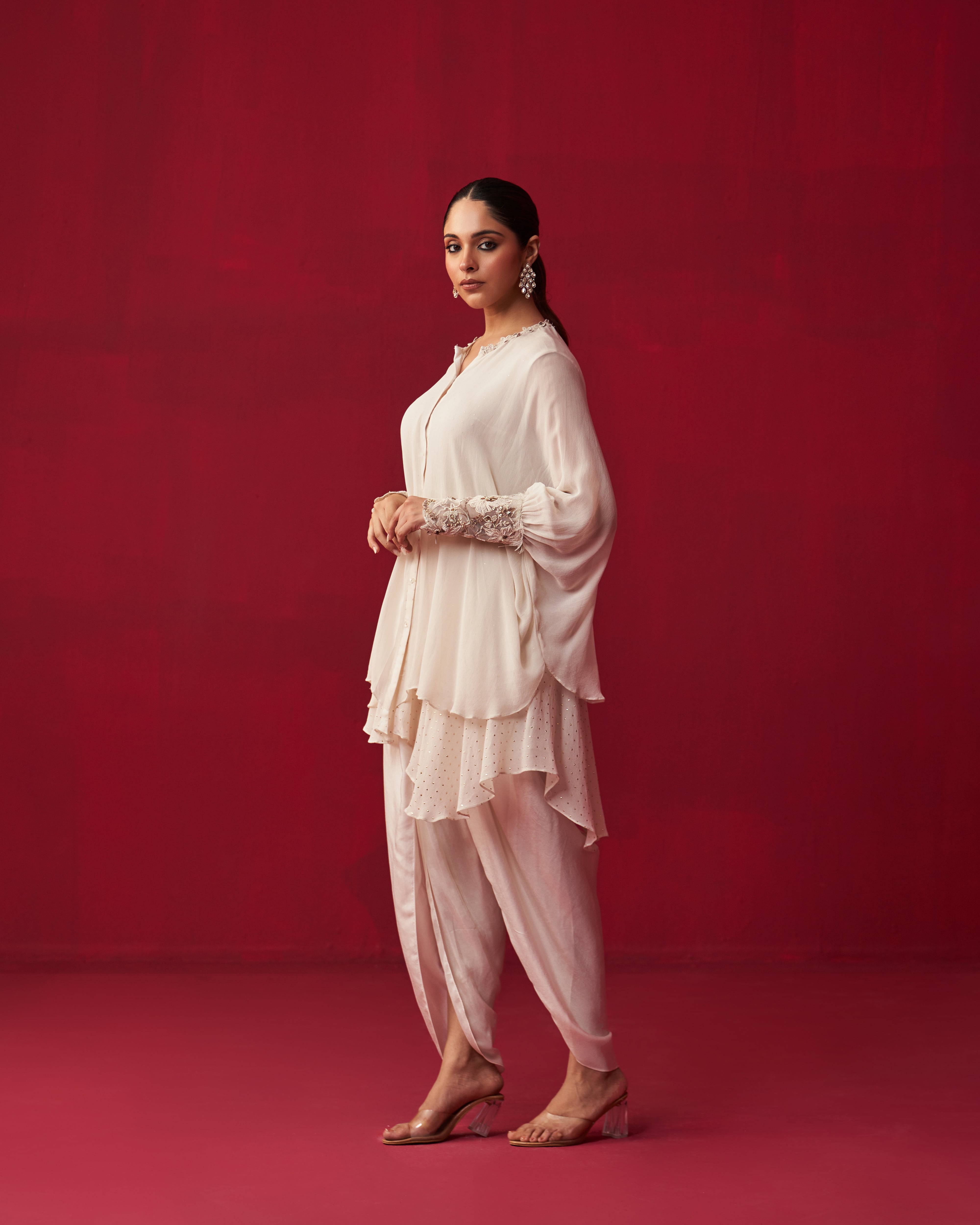 Pixelated Floral Ivory Top and Dhoti Set