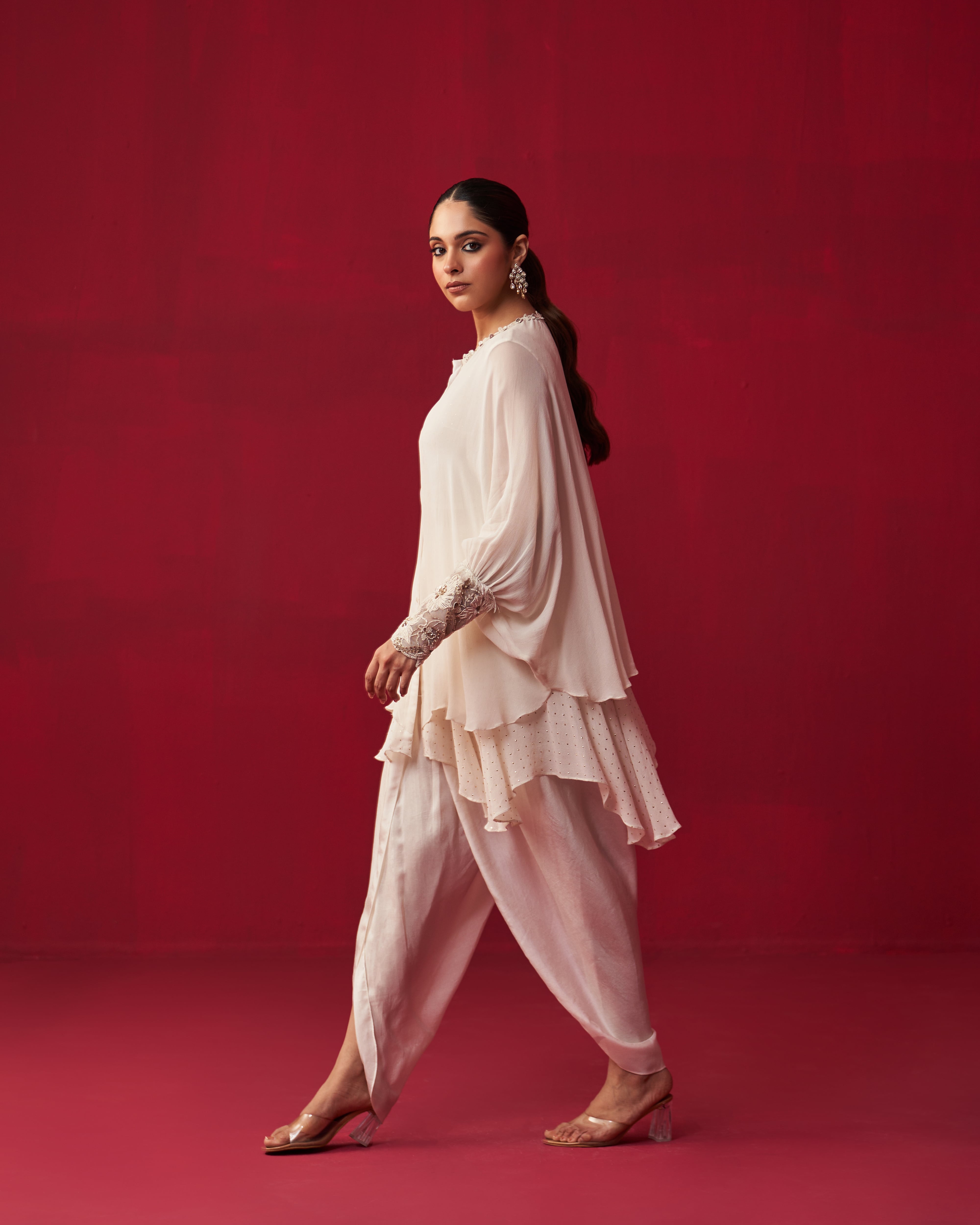 Pixelated Floral Ivory Top and Dhoti Set