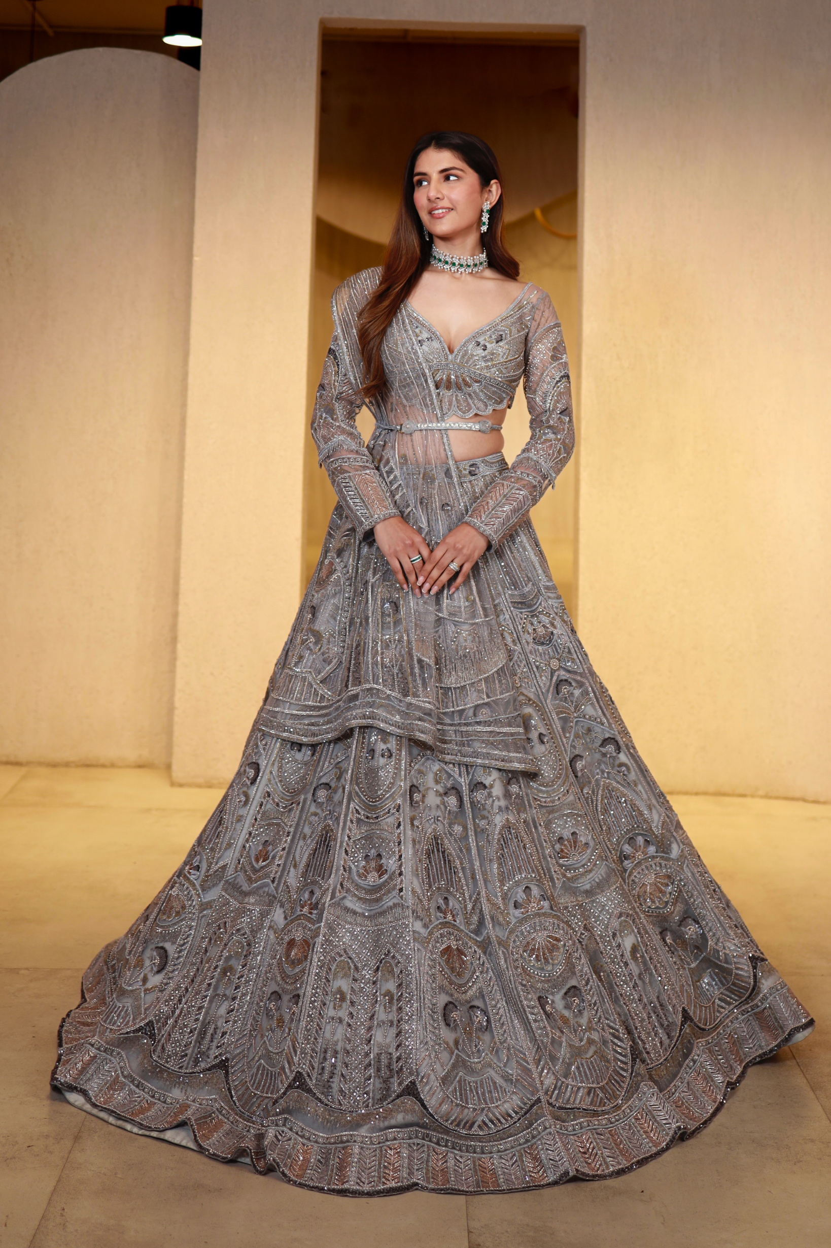 Meher Taluja in Metallic Blush Floral Lehenga