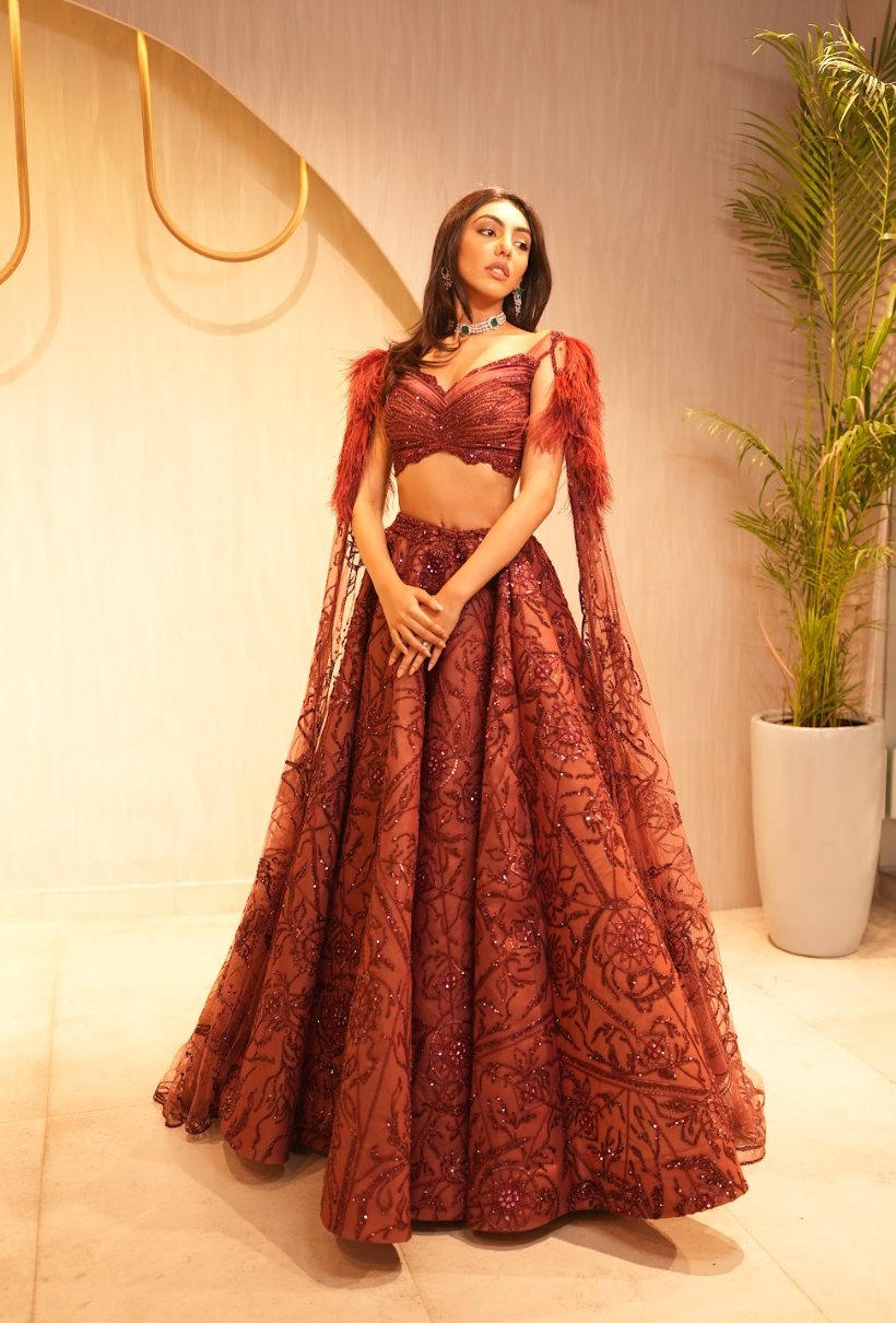 Mallaika chedha Wine Dewdrop lehenga