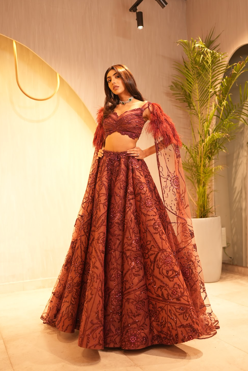 Mallaika chedha Wine Dewdrop lehenga