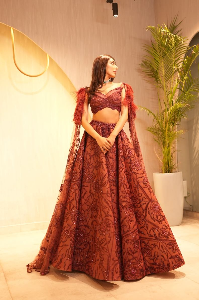 Mallaika chedha Wine Dewdrop lehenga