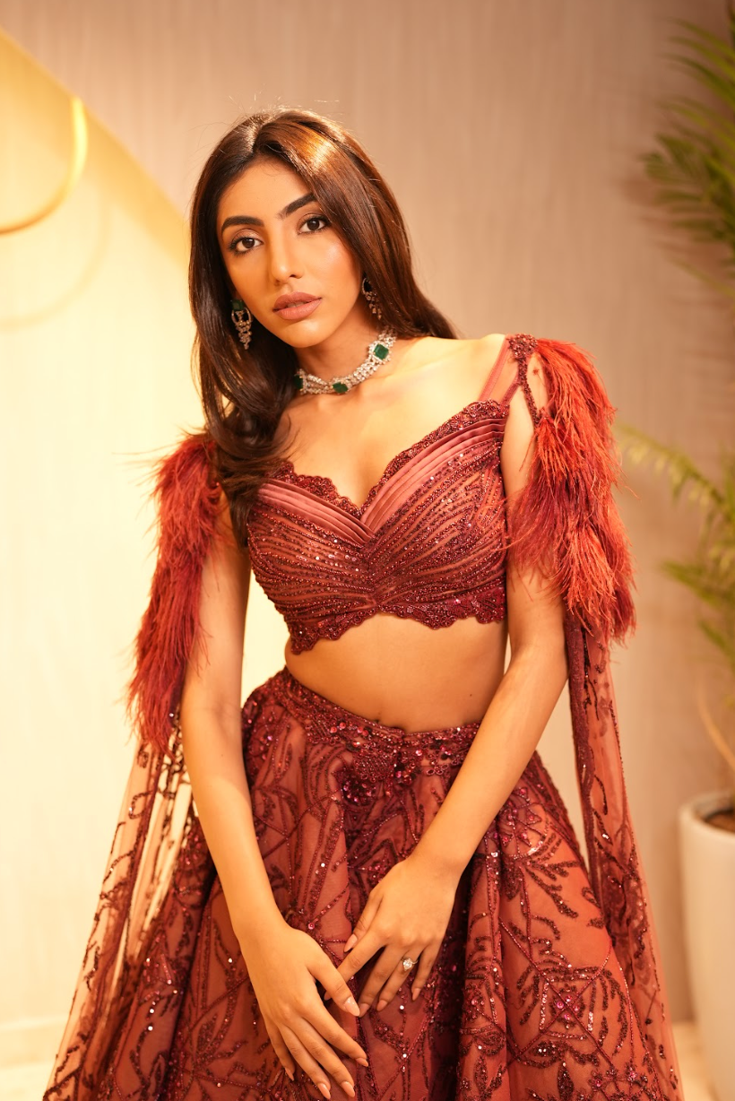 Mallaika chedha Wine Dewdrop lehenga