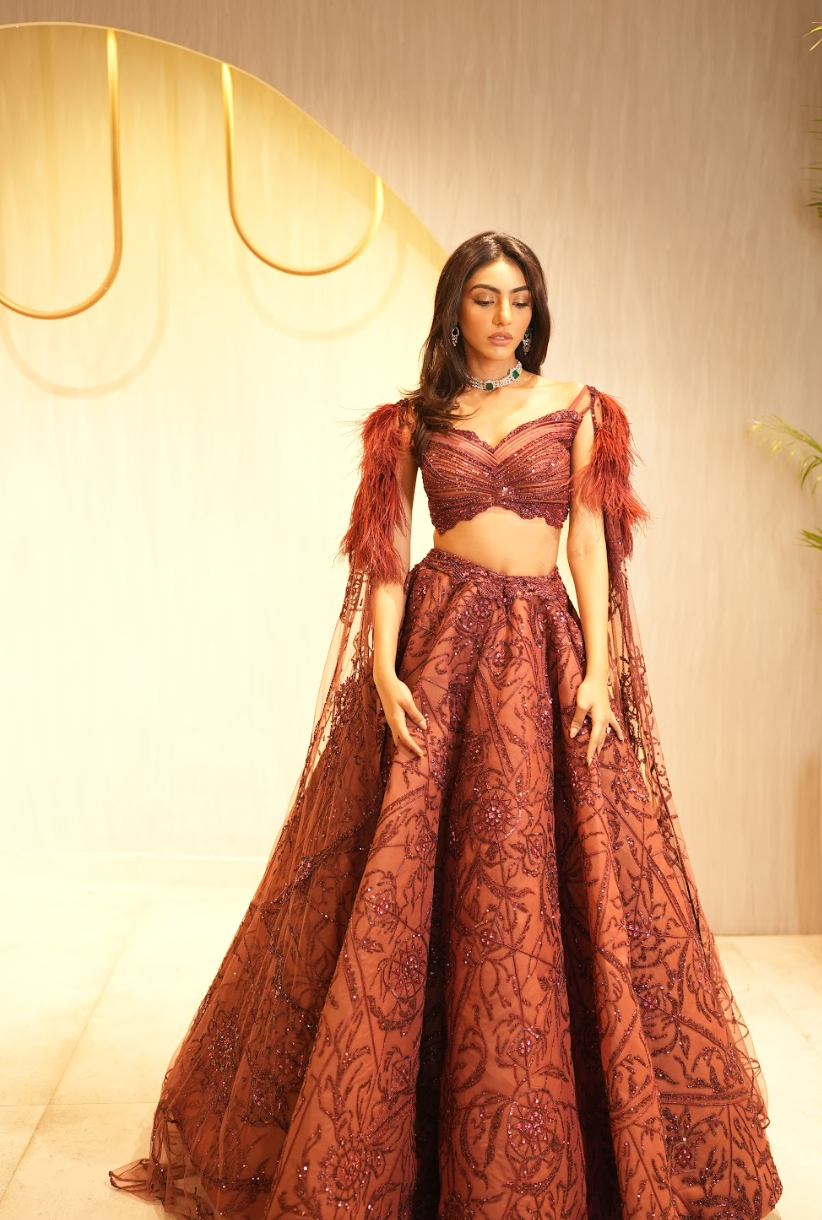 Mallaika chedha Wine Dewdrop lehenga