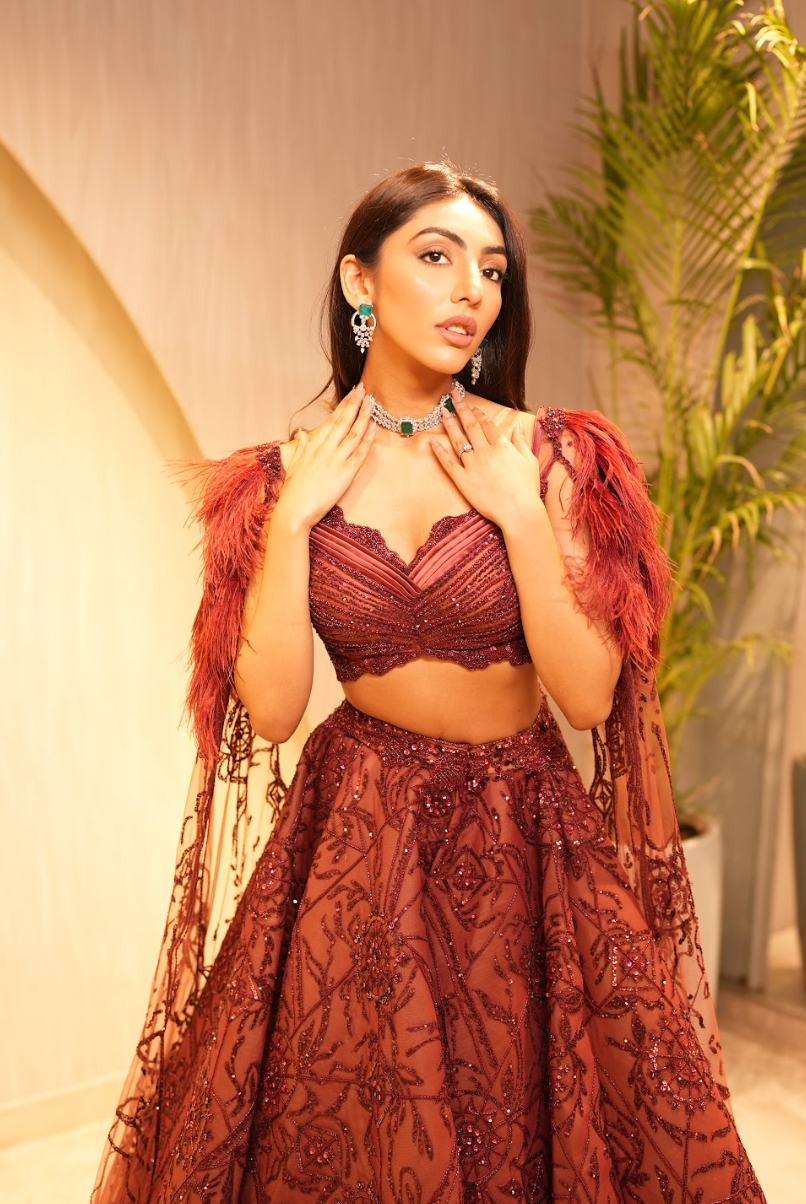 Mallaika chedha Wine Dewdrop lehenga