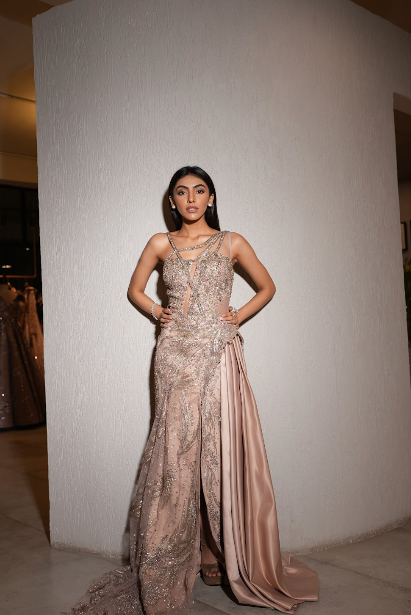 Mallaika chedha in luminescent peach gown