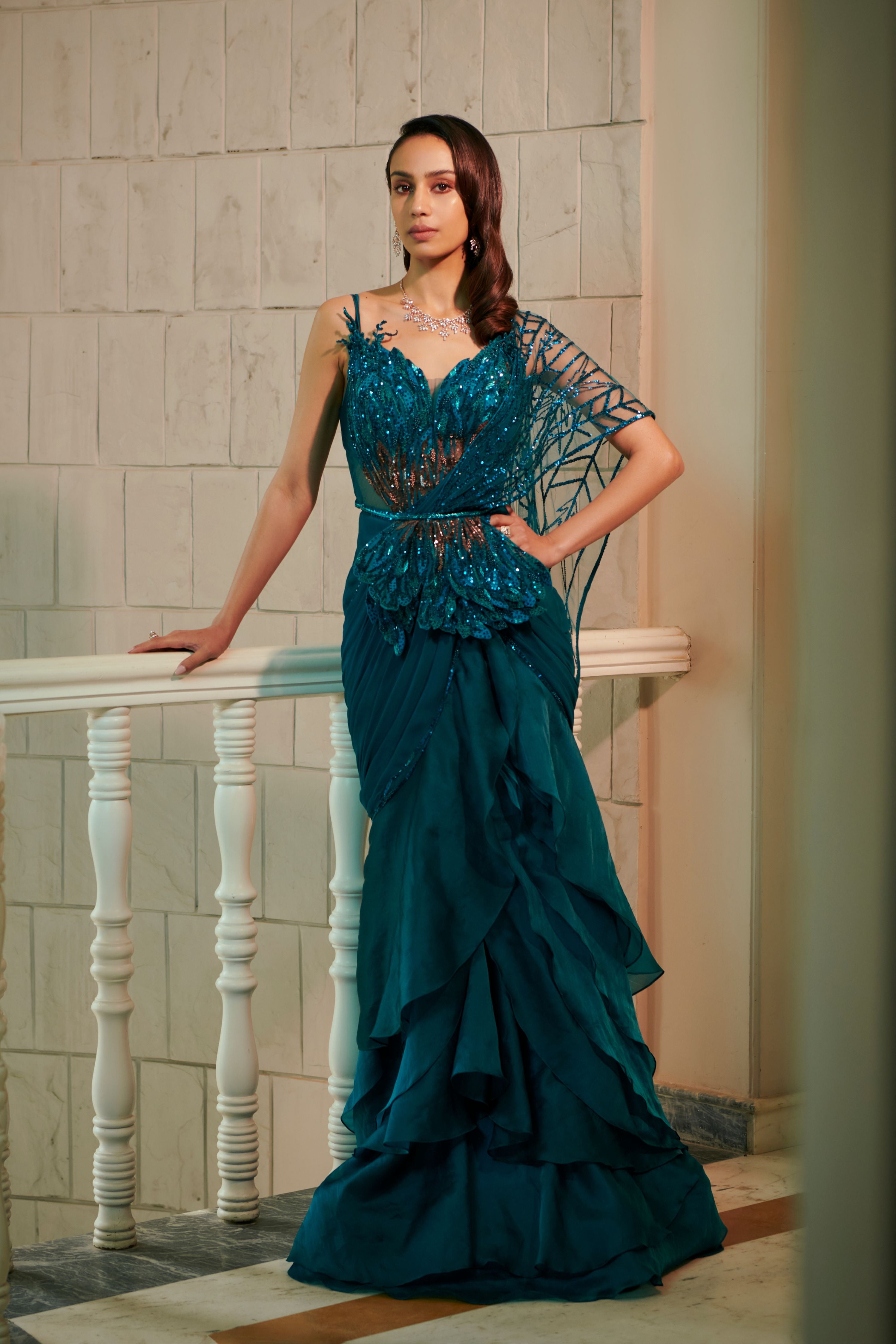 Teal Cascade saree