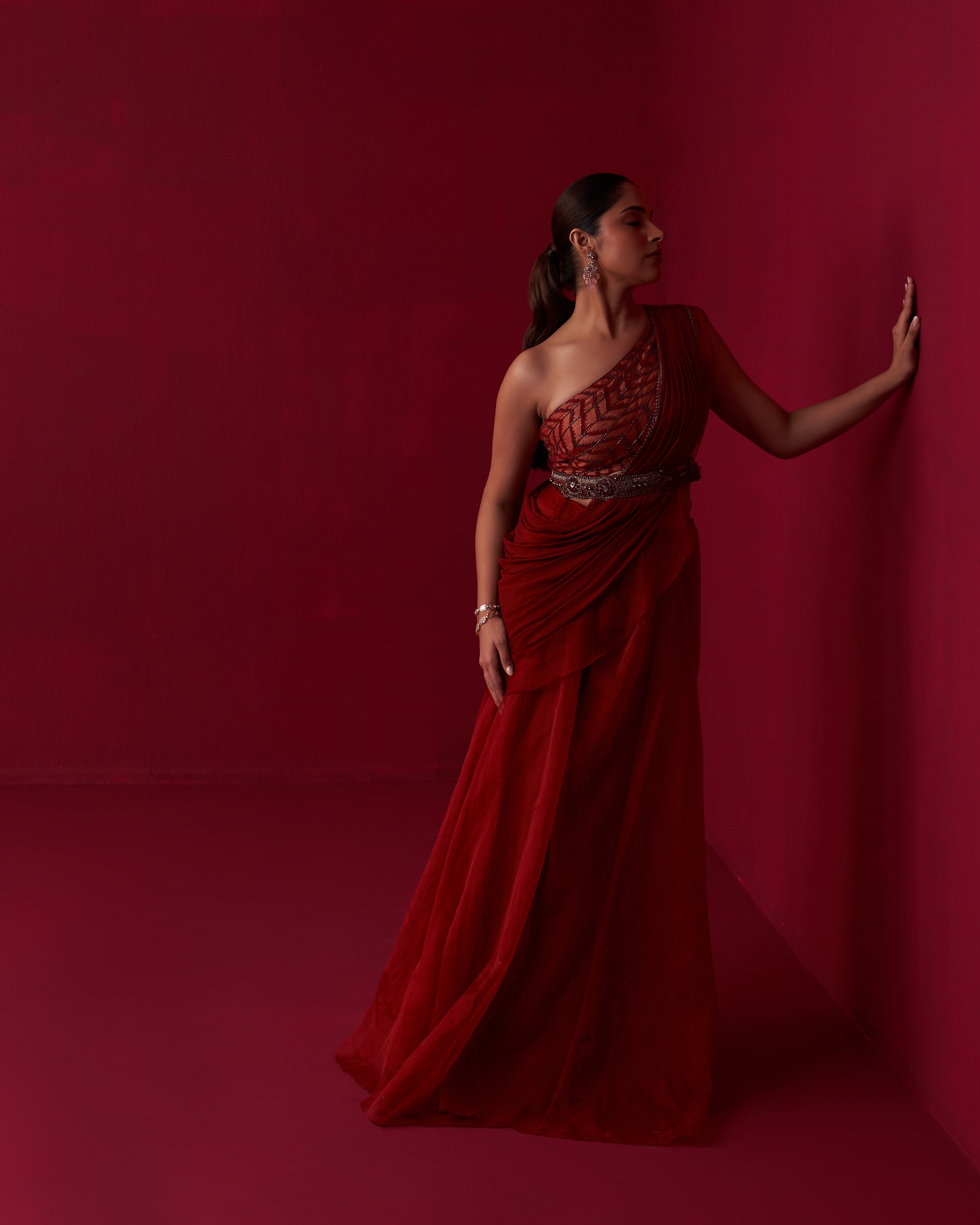 Red Glistening Waves Draped Top and Palazzo Set