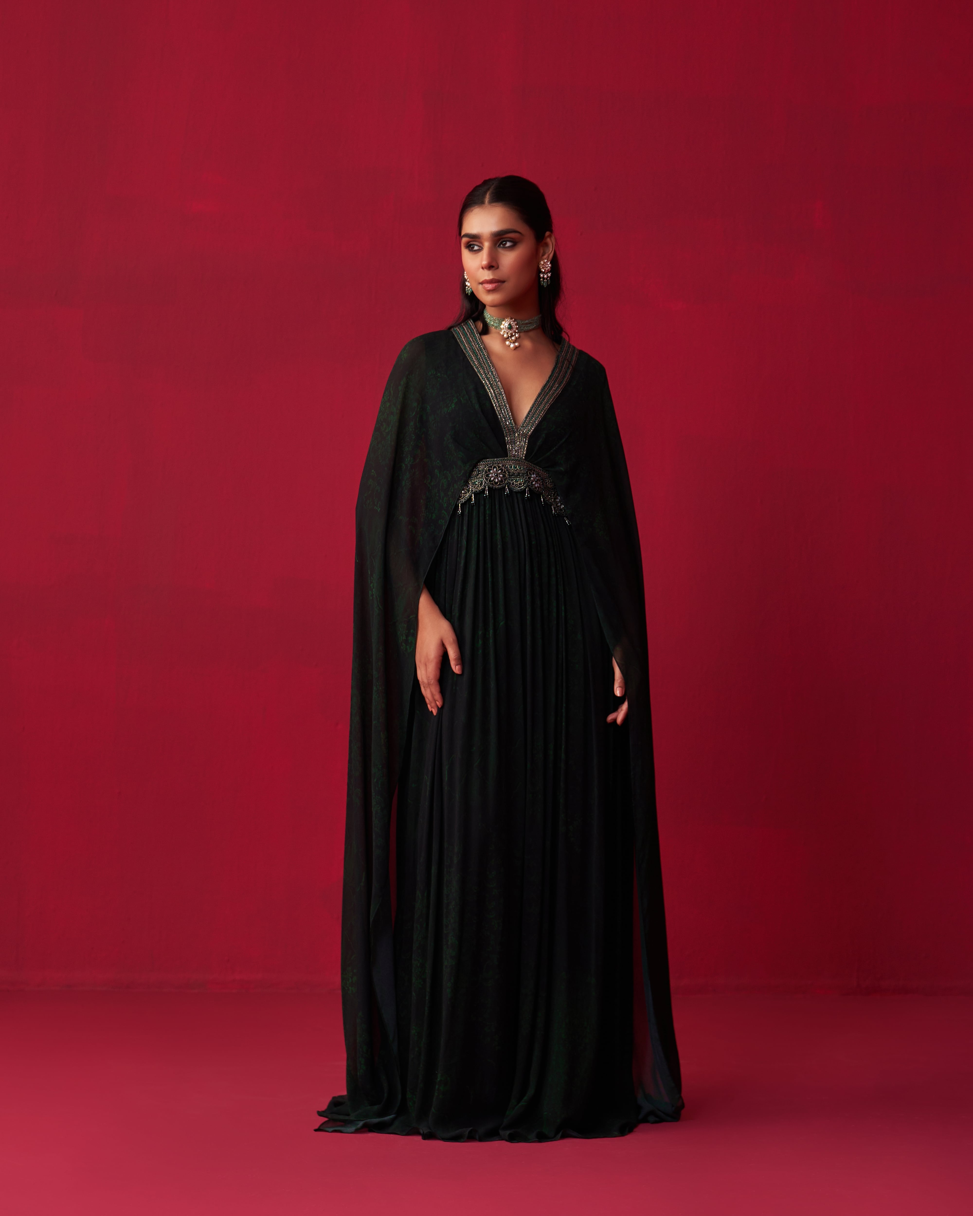 Green Georgette Dewdrop Kaftan