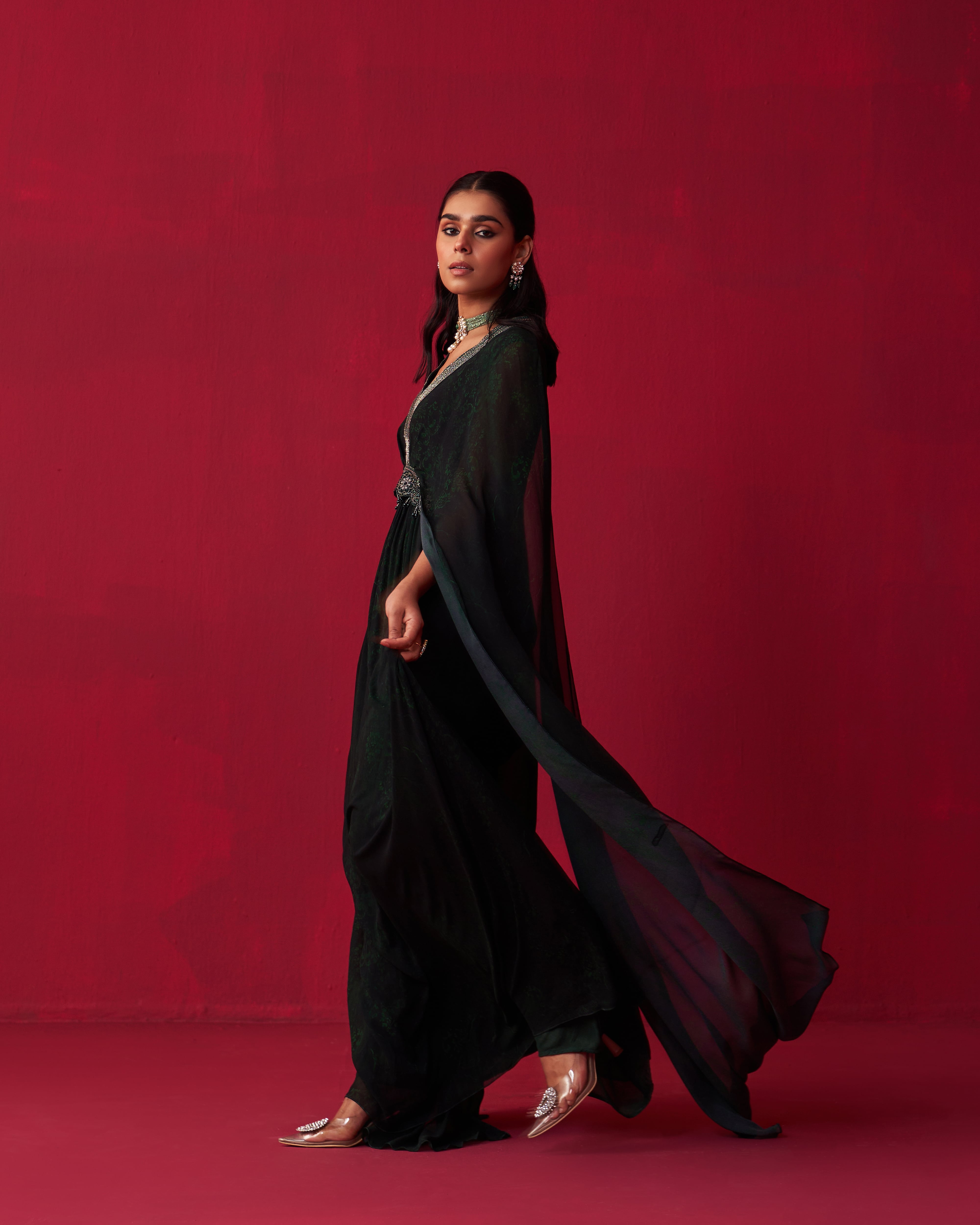 Green Georgette Dewdrop Kaftan