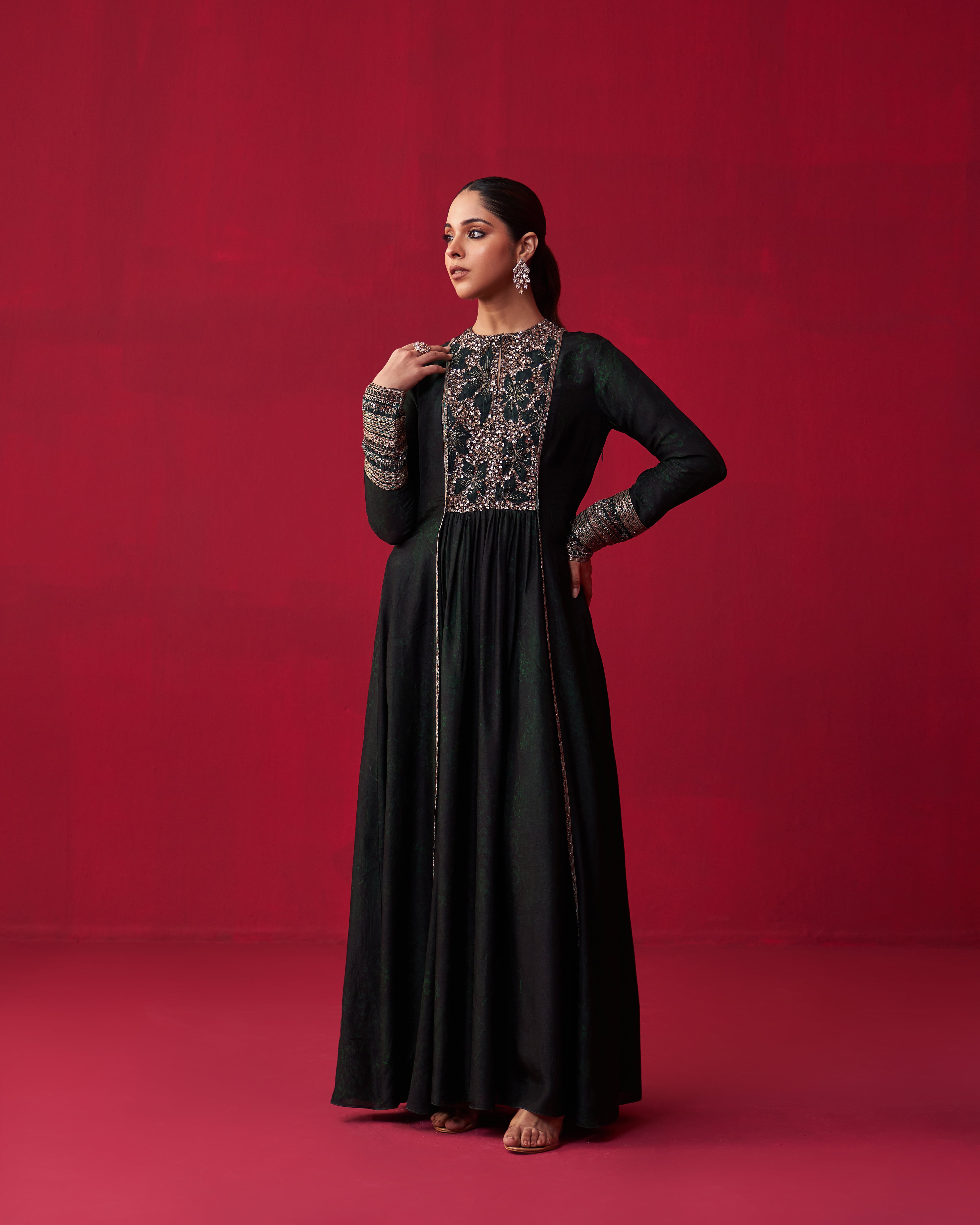 Green Glitch Gold Yoke Kurta and Pant Set