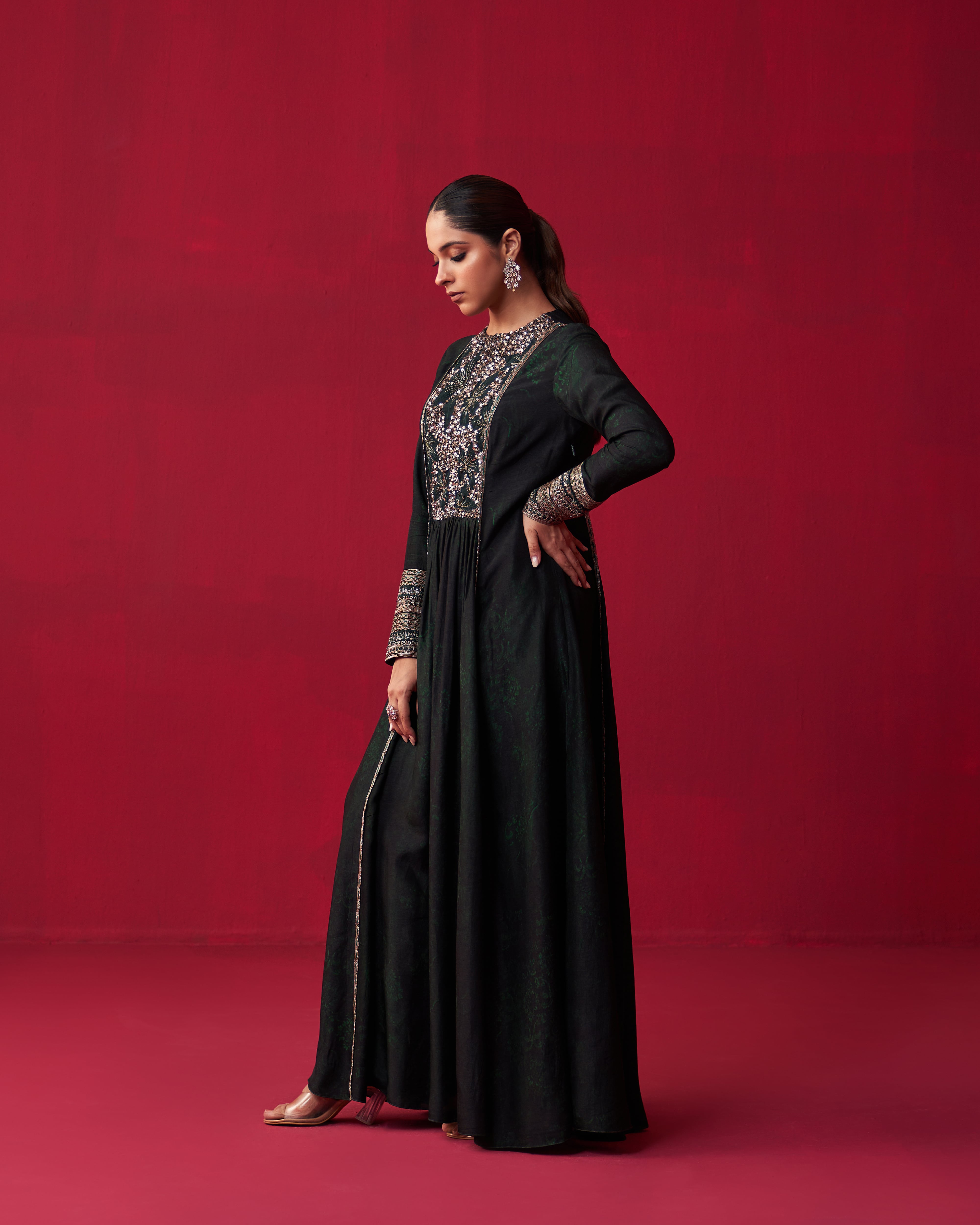 Green Glitch Gold Yoke Kurta and Pant Set