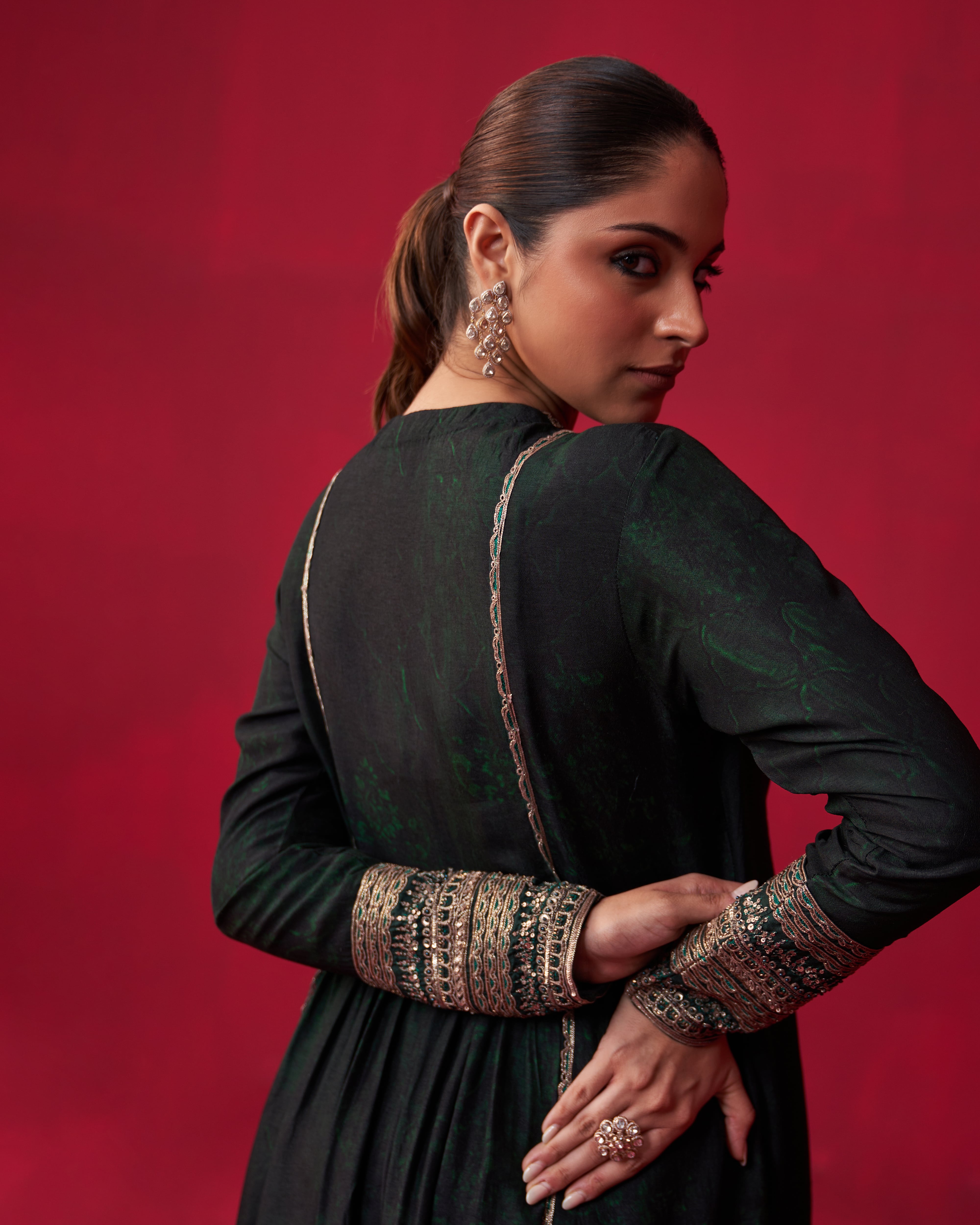 Green Glitch Gold Yoke Kurta and Pant Set