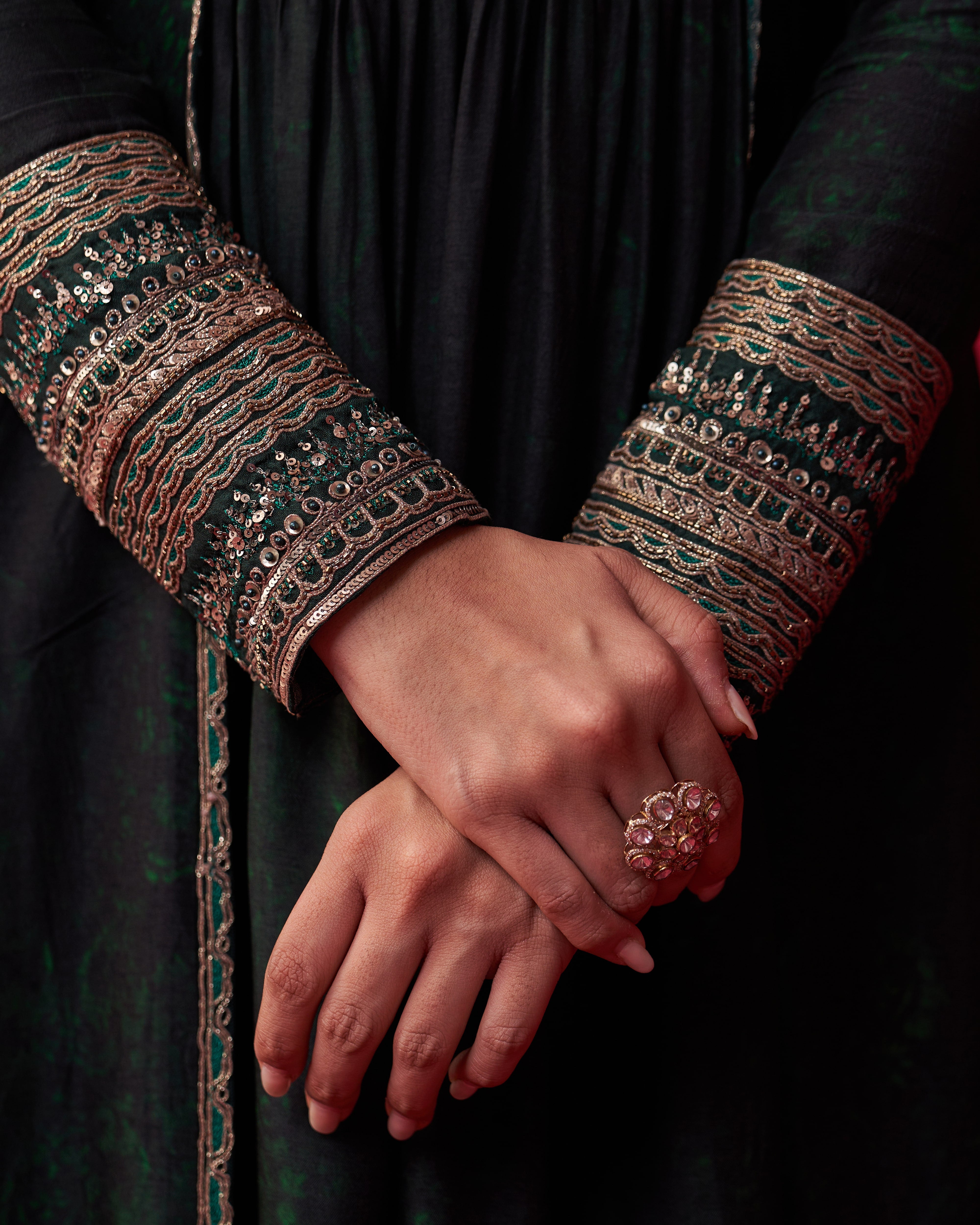 Green Glitch Gold Yoke Kurta and Pant Set