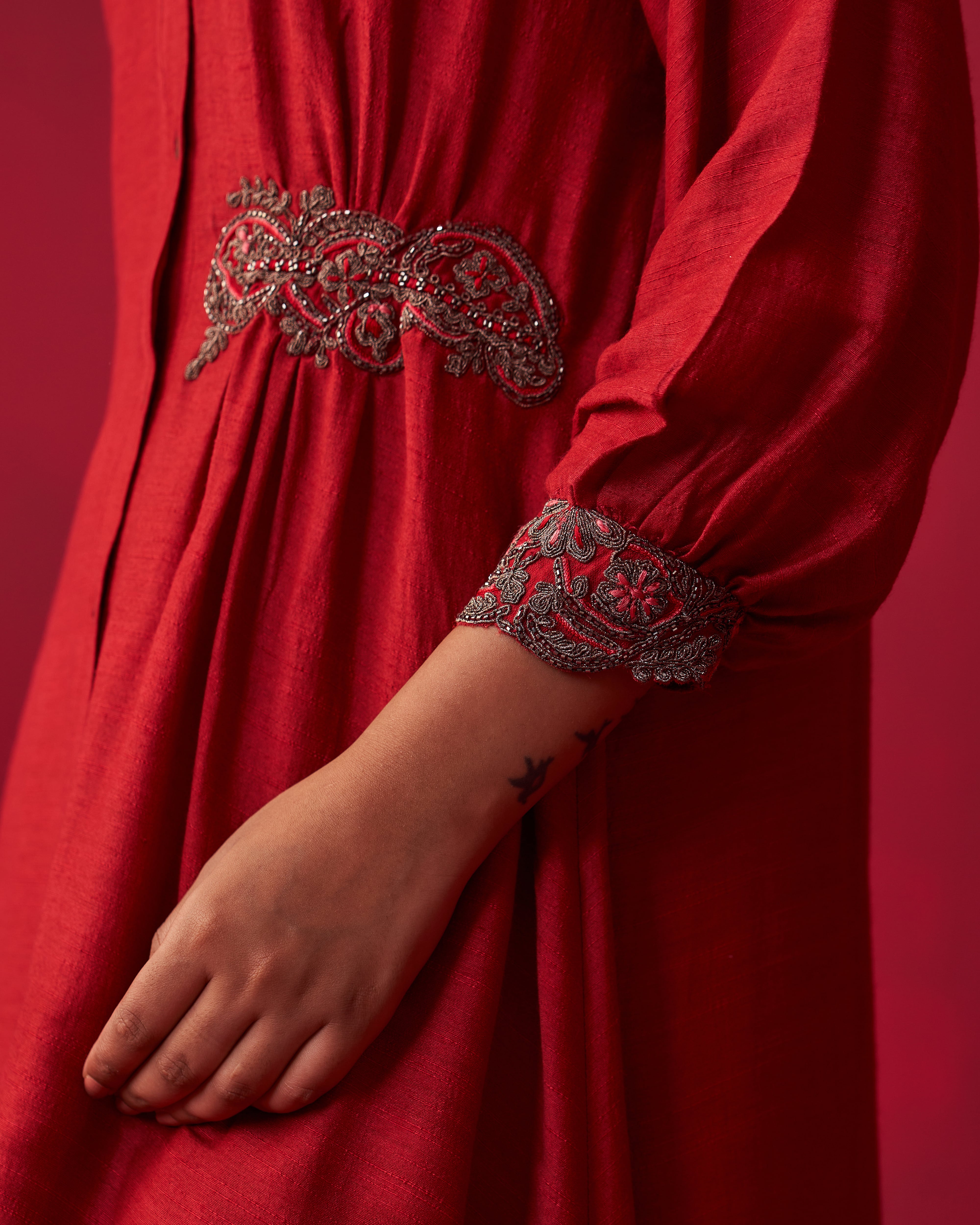 Red Metallic Bliss Shirt Style Tunic, and Dhoti Pants Set