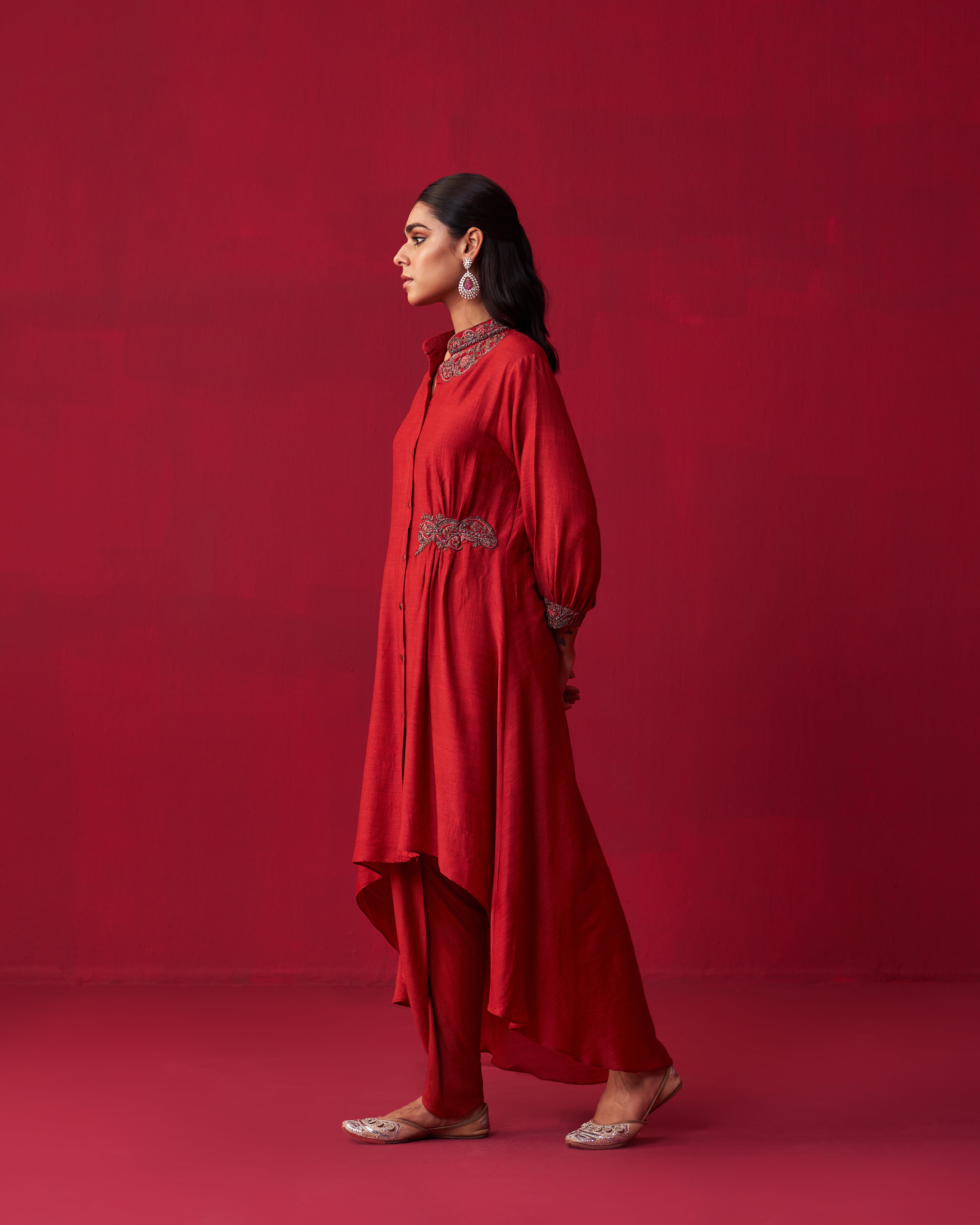Red Metallic Bliss Shirt Style Tunic, and Dhoti Pants Set