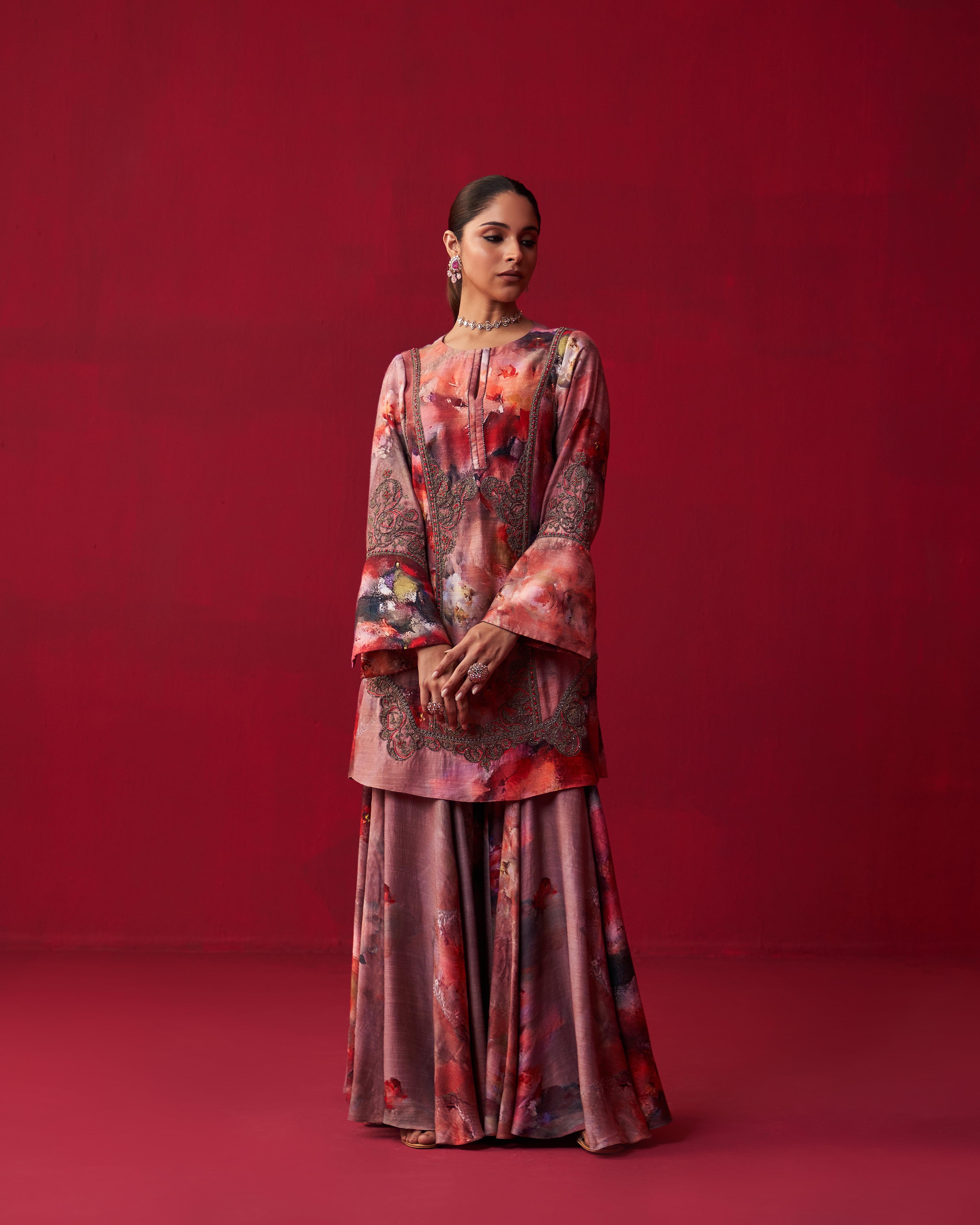 Floral Metallic Bliss Kali Kurta, and Sharara Set