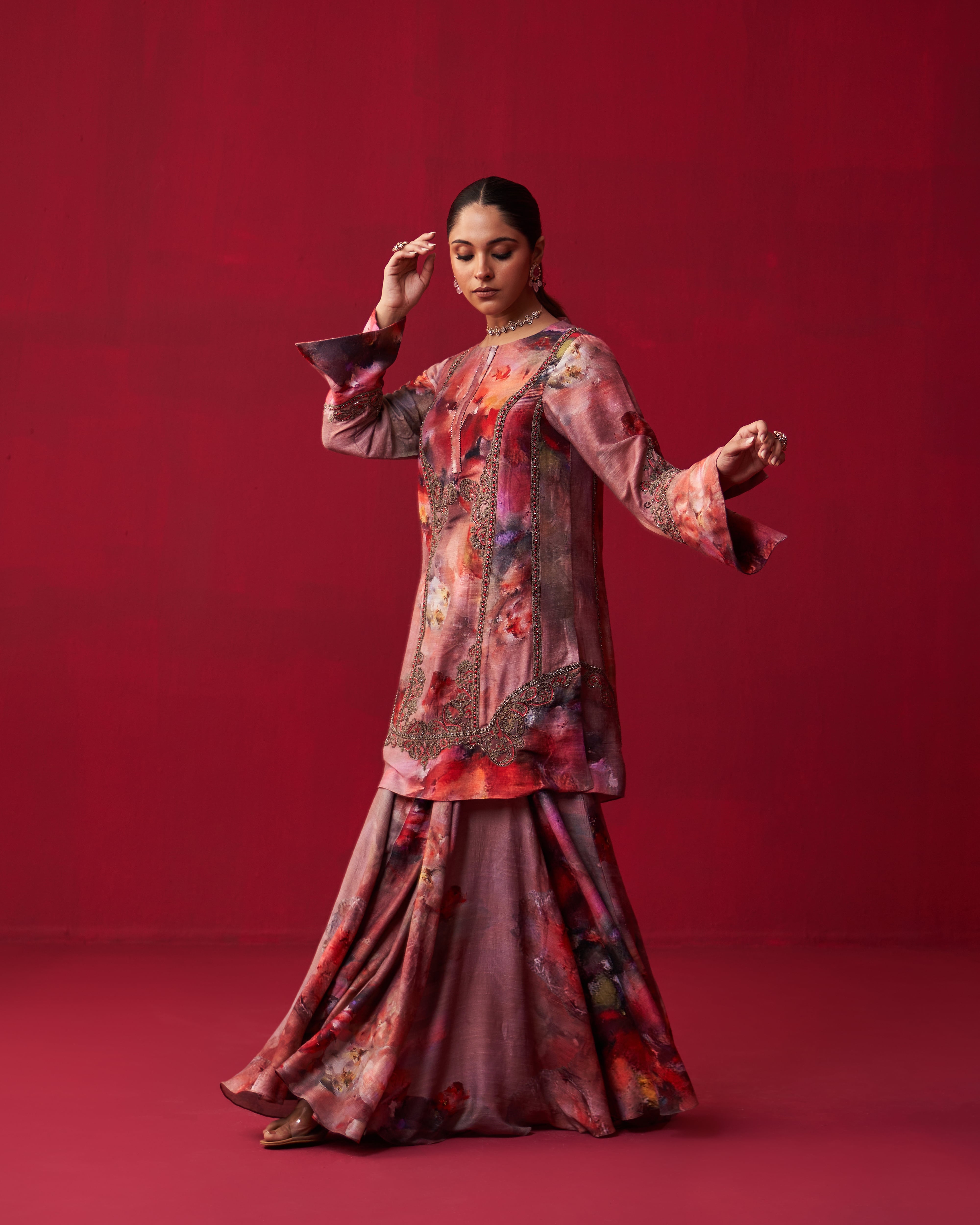 Floral Metallic Bliss Kali Kurta, and Sharara Set