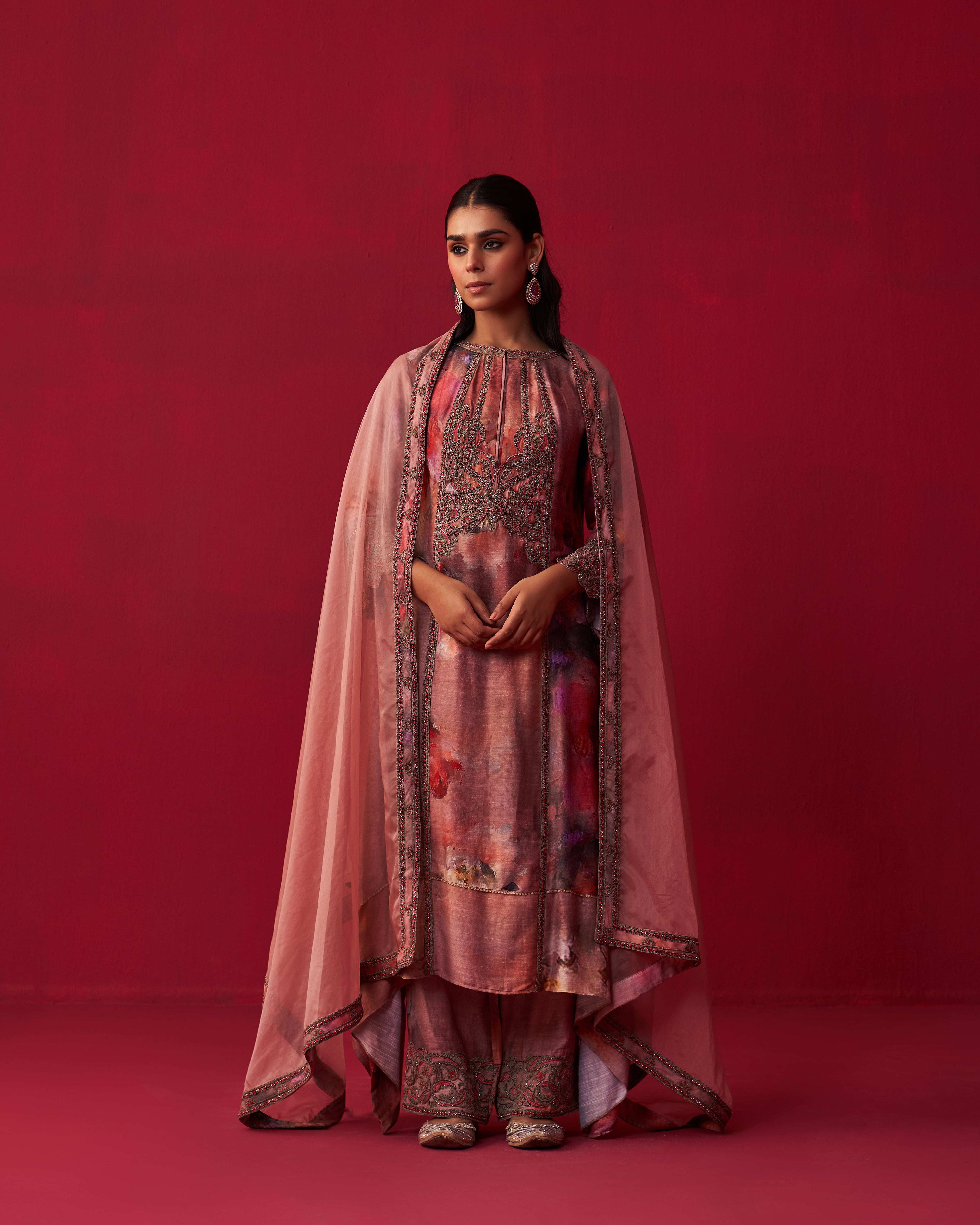Floral Metallic Bliss Kurta, Dupatta, and Palazzo Set