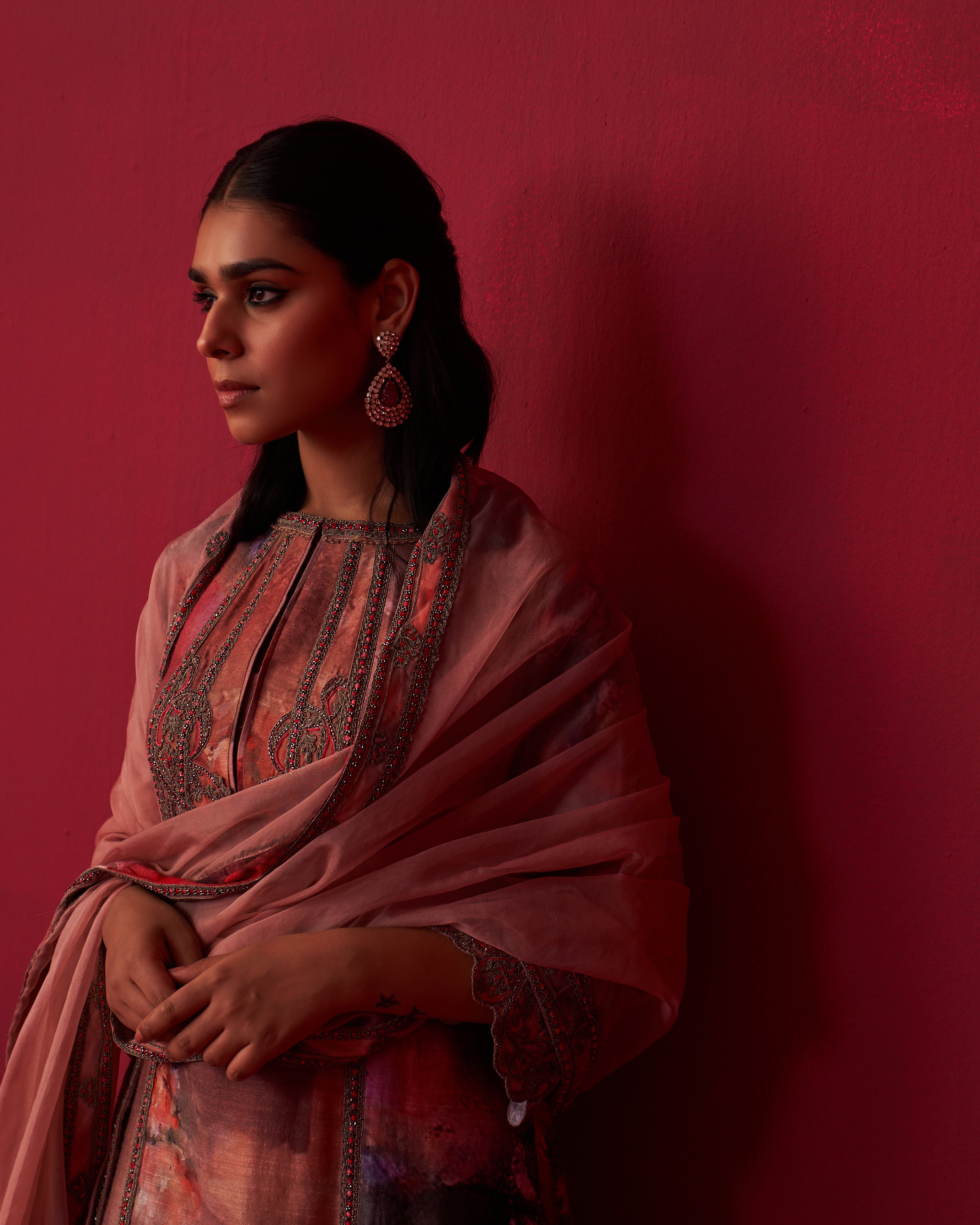 Floral Metallic Bliss Kurta, Dupatta, and Palazzo Set