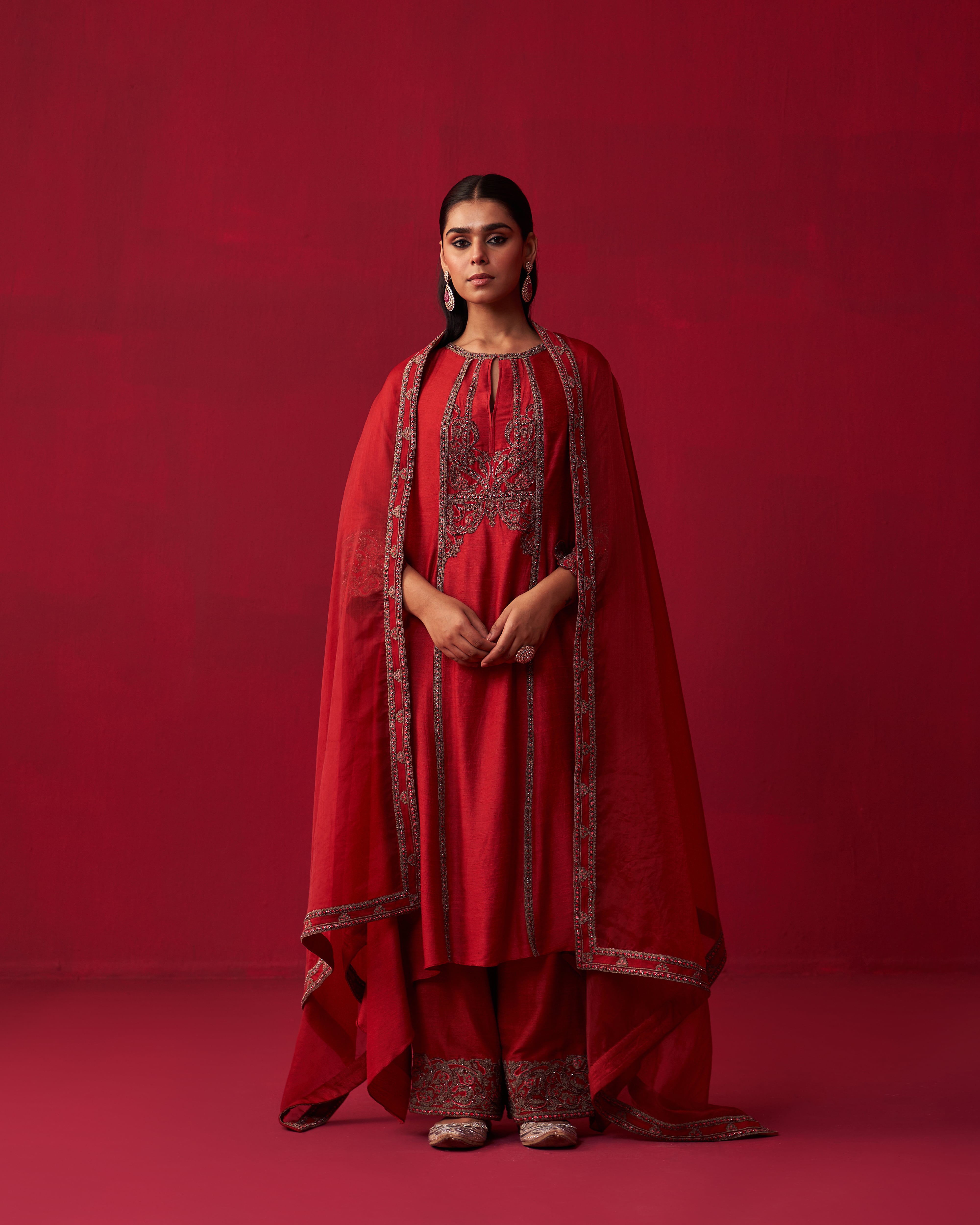 Red Metallic Bliss Kurta, Dupatta, and Palazzo Set
