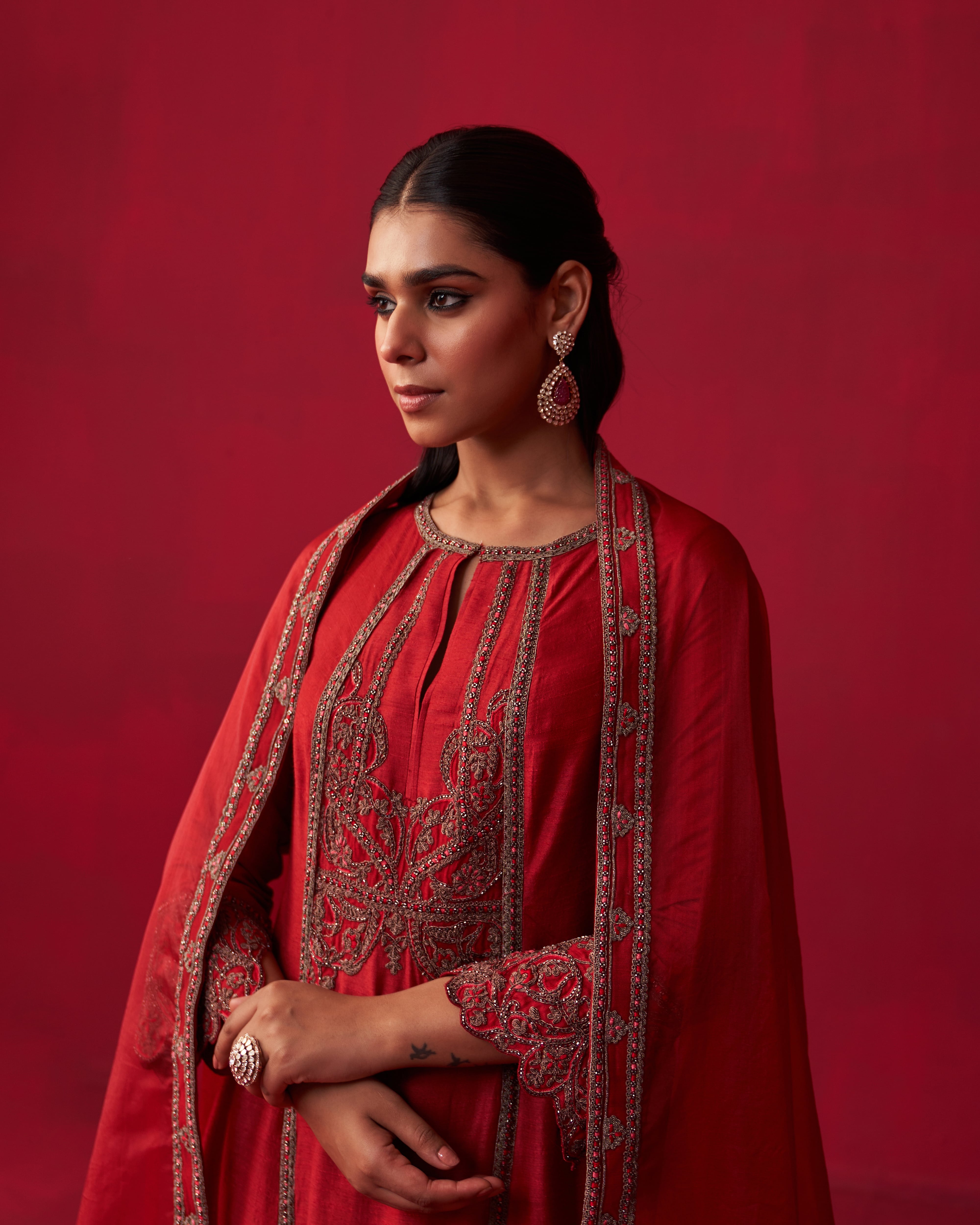 Red Metallic Bliss Kurta, Dupatta, and Palazzo Set