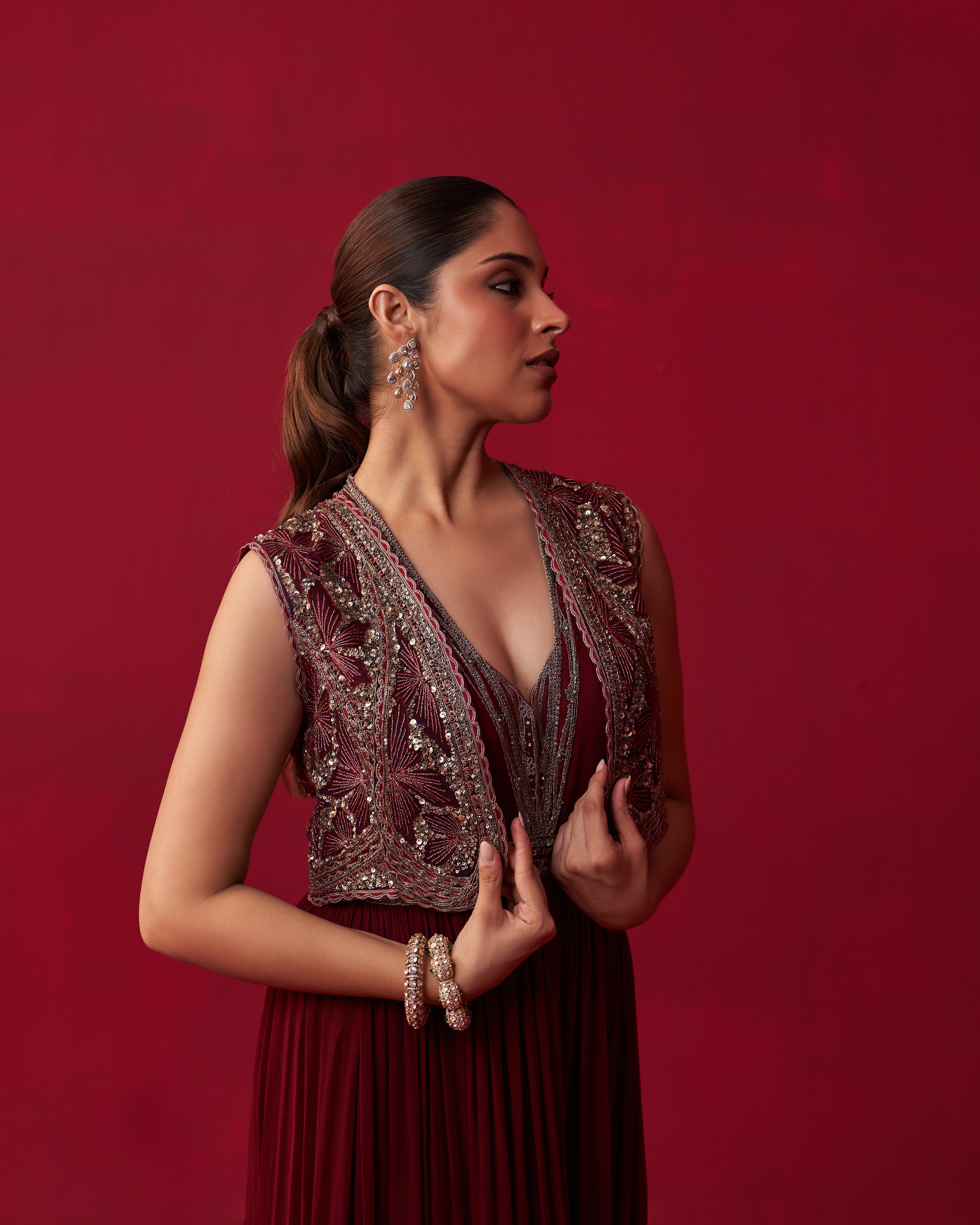 Maroon Glitch Gold Jacket Jumpsuit Set