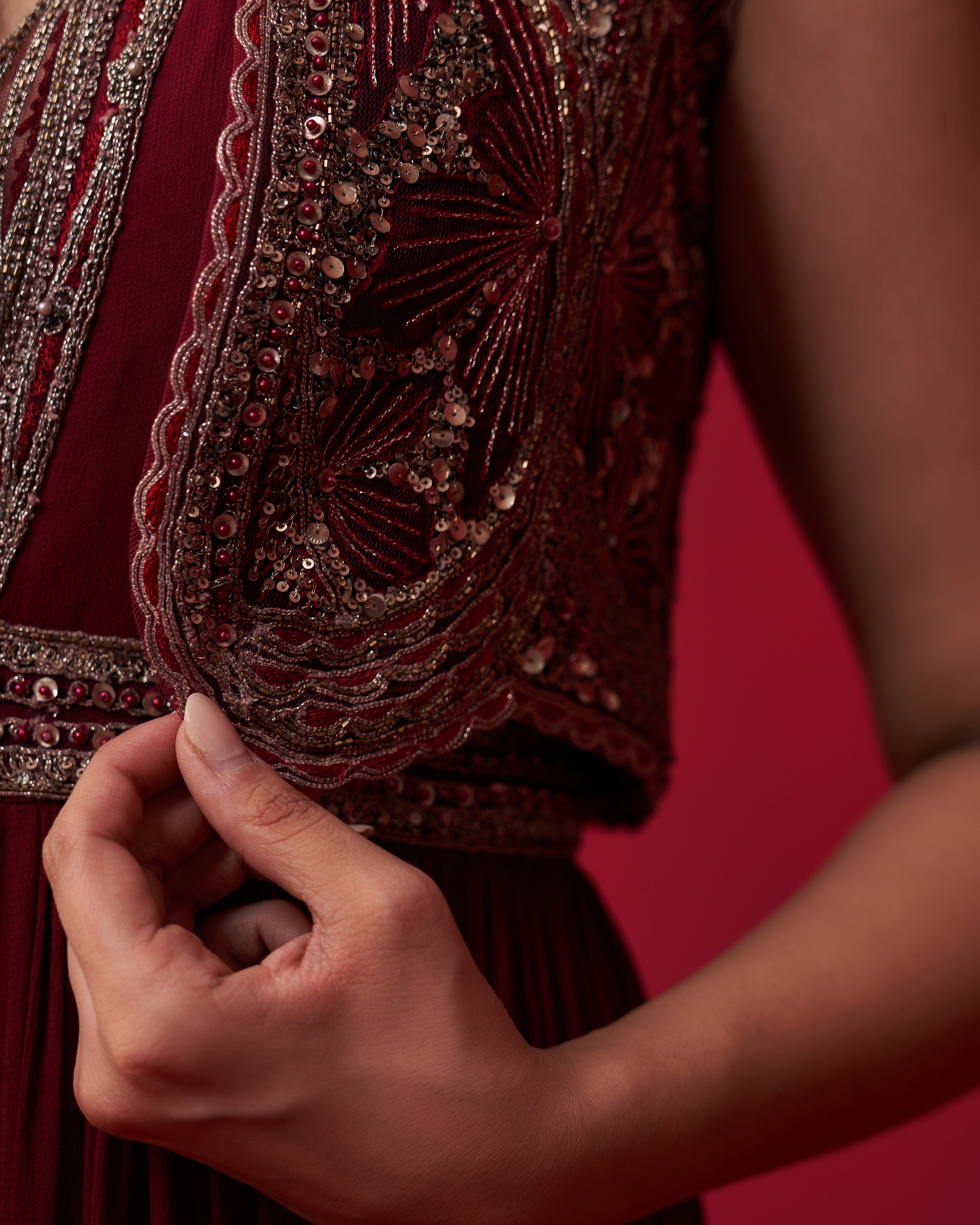 Maroon Glitch Gold Jacket Jumpsuit Set