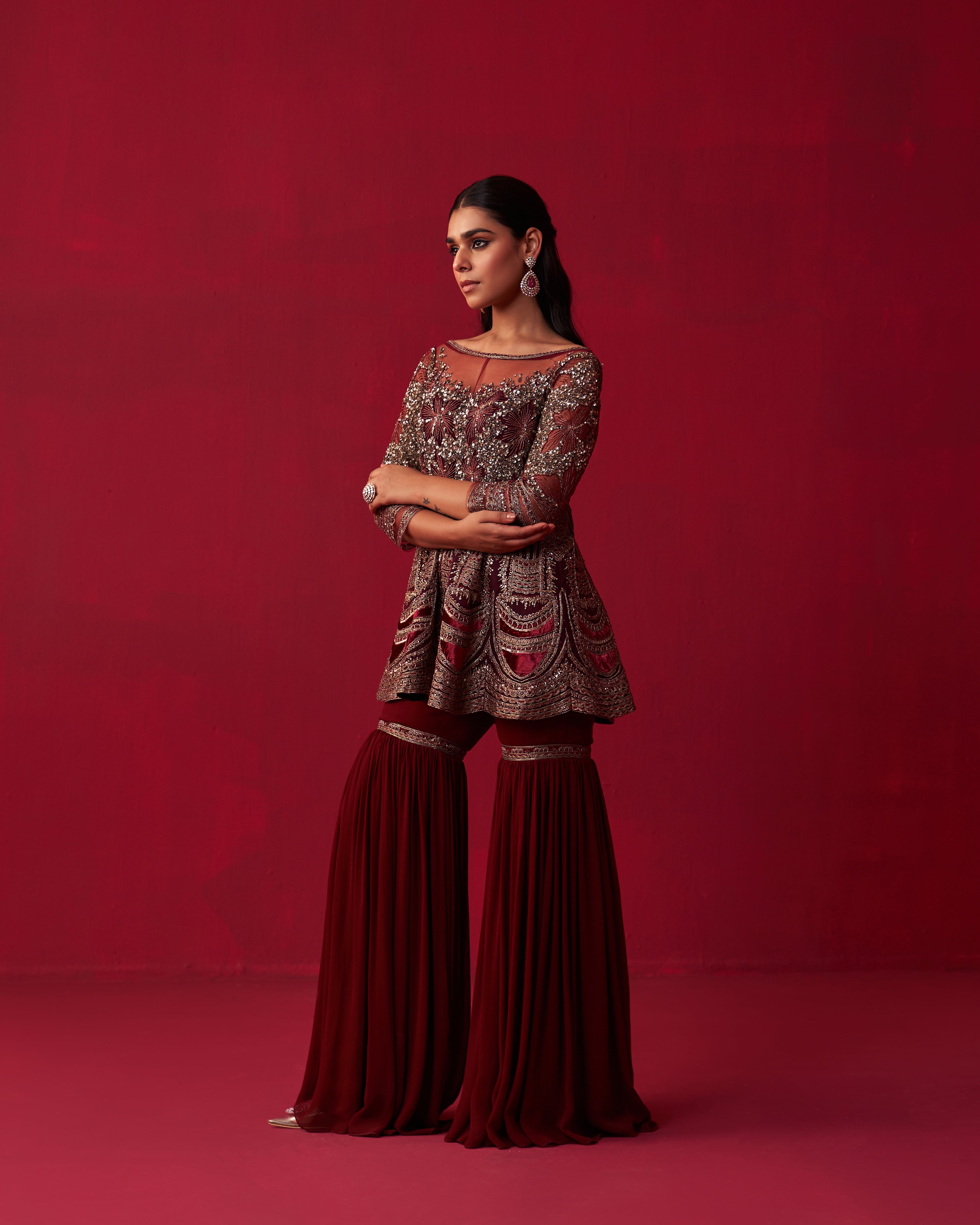 Maroon Glitch Gold Peplum Top Sharara Set