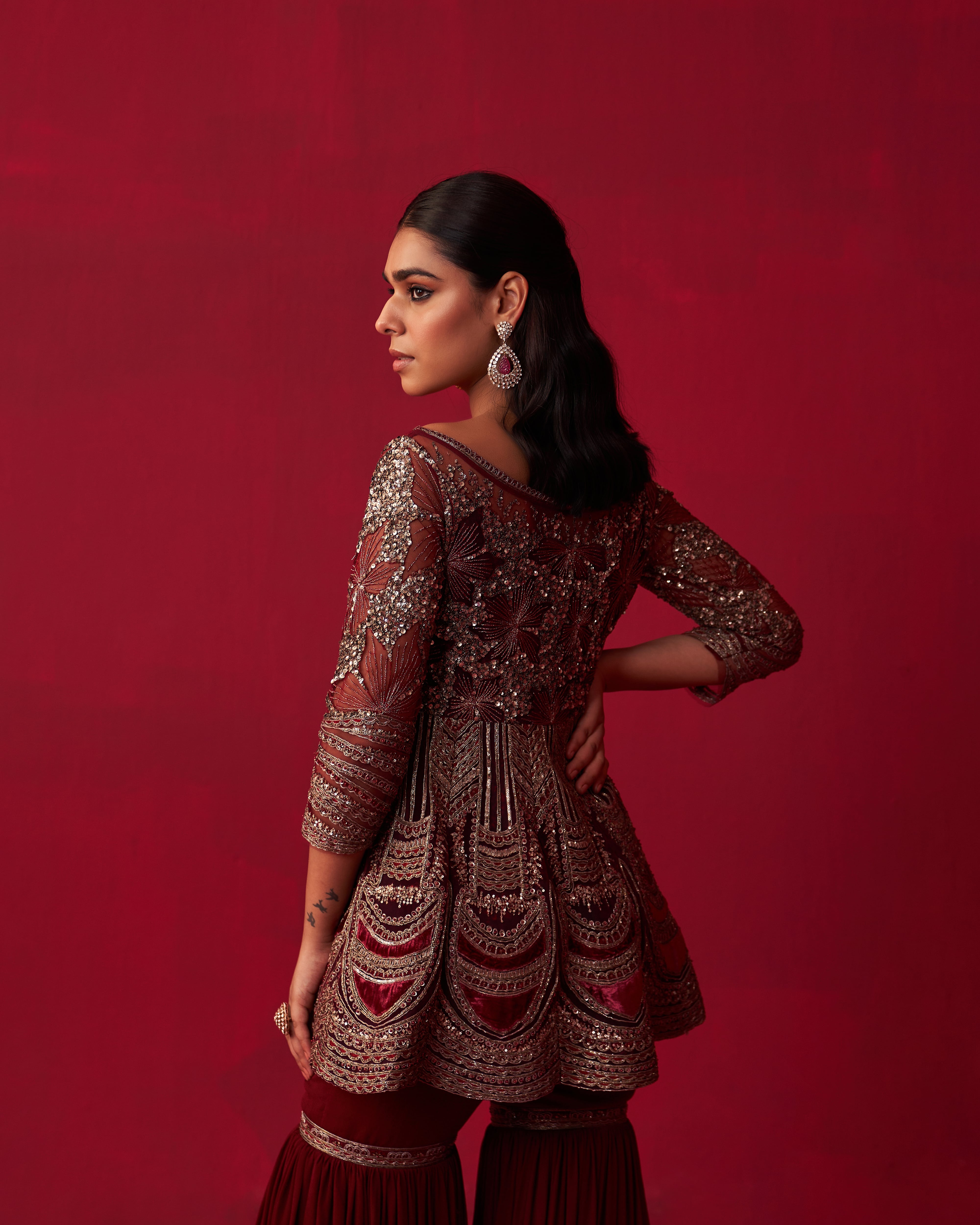 Maroon Glitch Gold Peplum Top Sharara Set