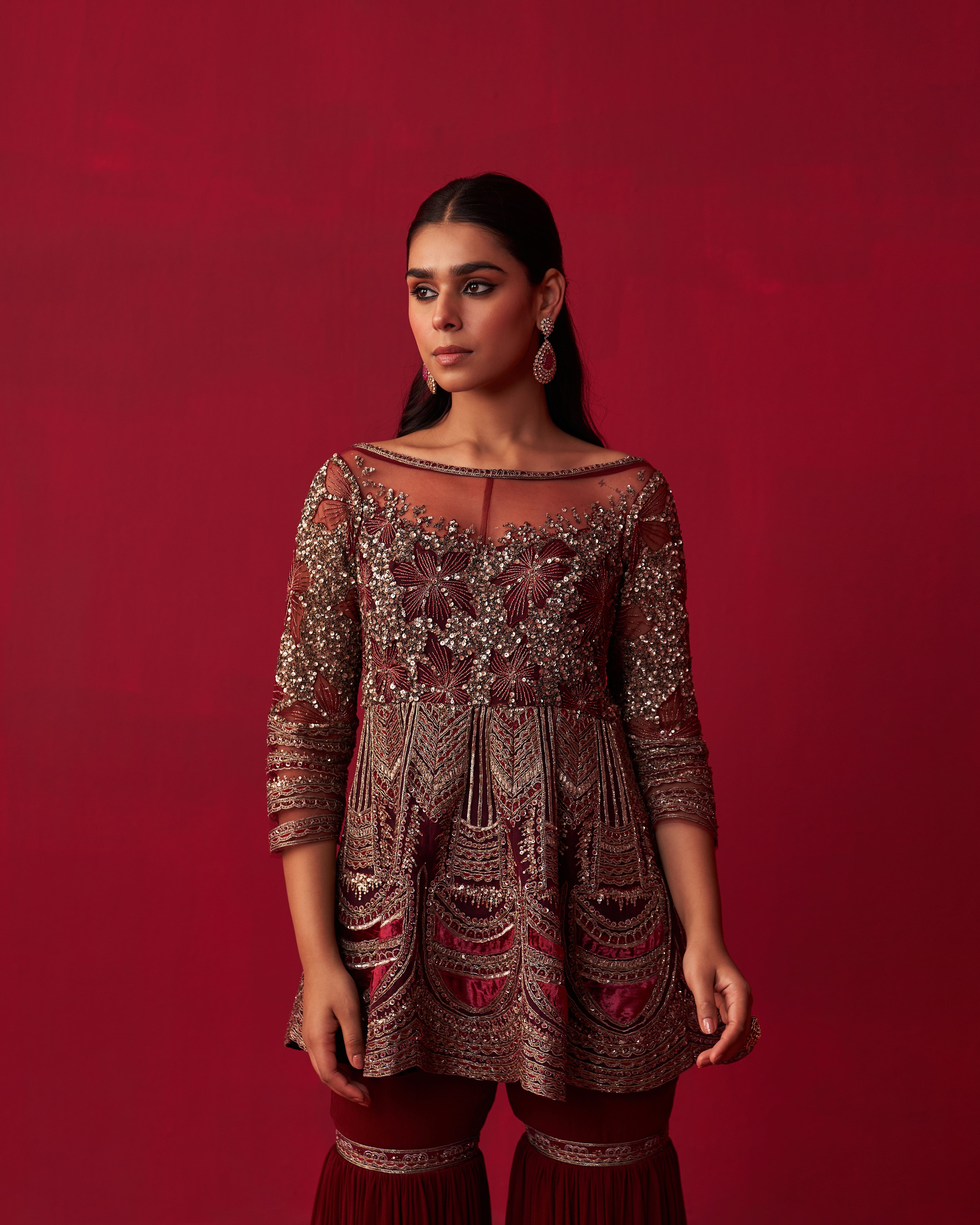 Maroon Glitch Gold Peplum Top Sharara Set