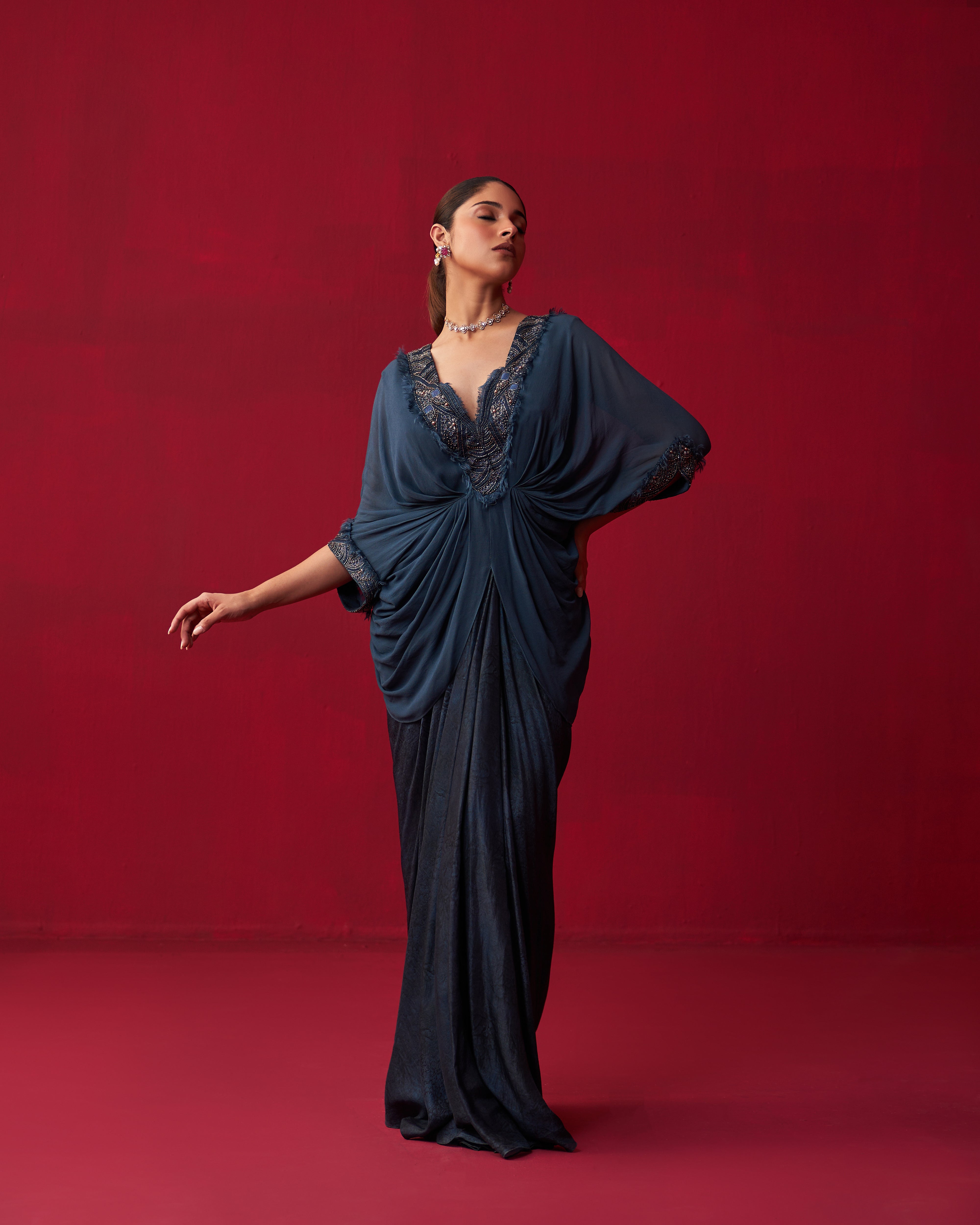 Blue Georgette Draped Top and Skirt Set