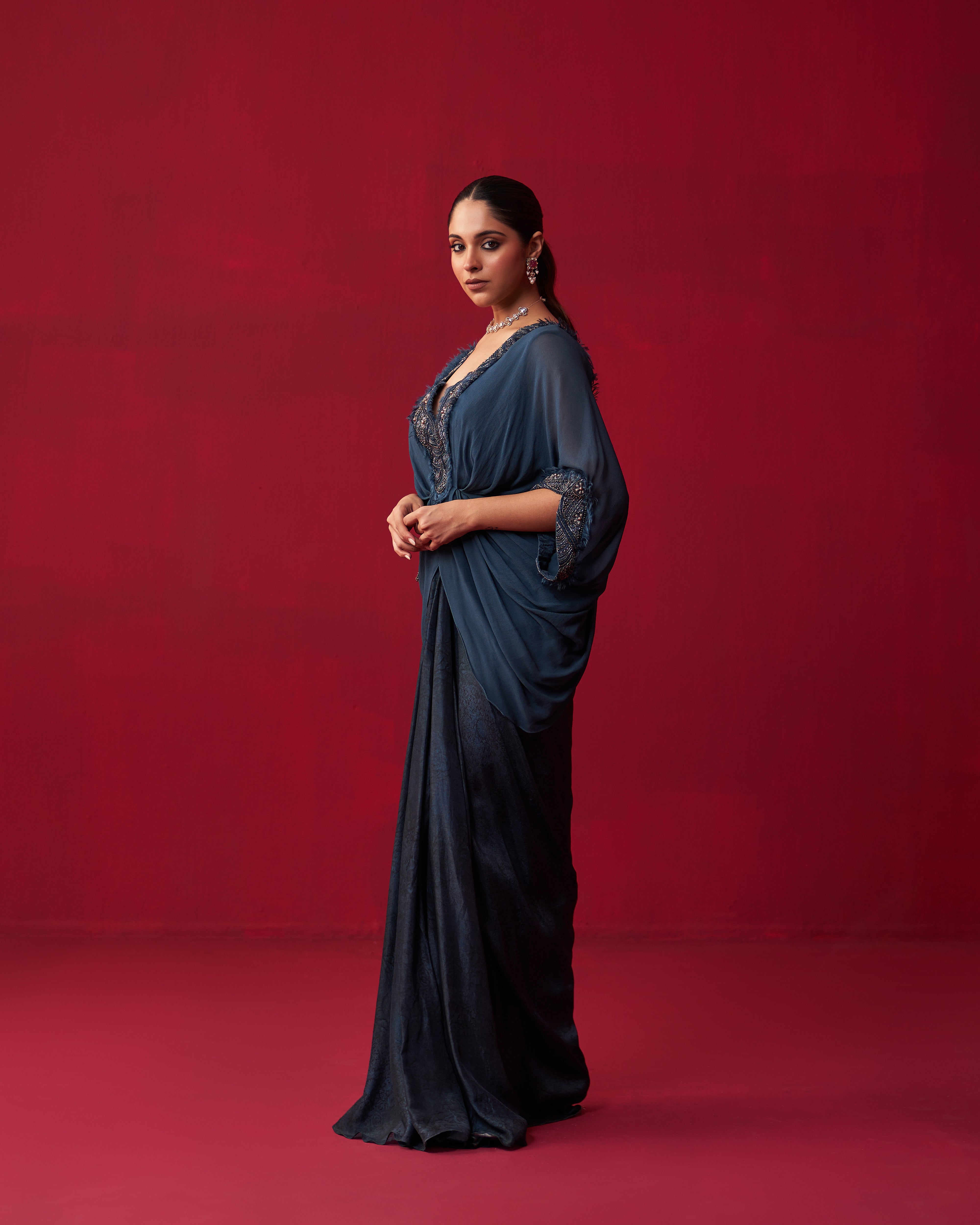 Blue Georgette Draped Top and Skirt Set
