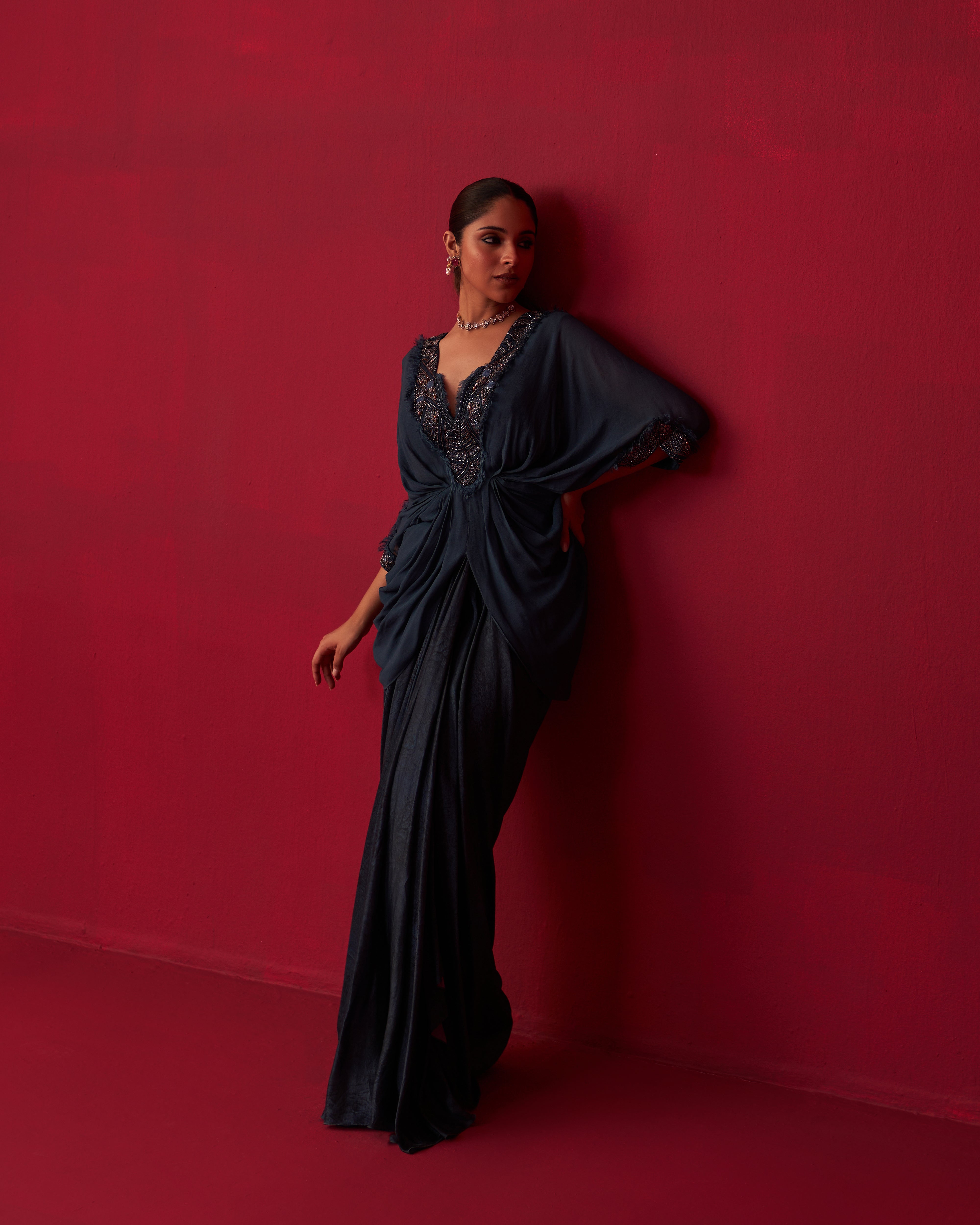 Blue Georgette Draped Top and Skirt Set